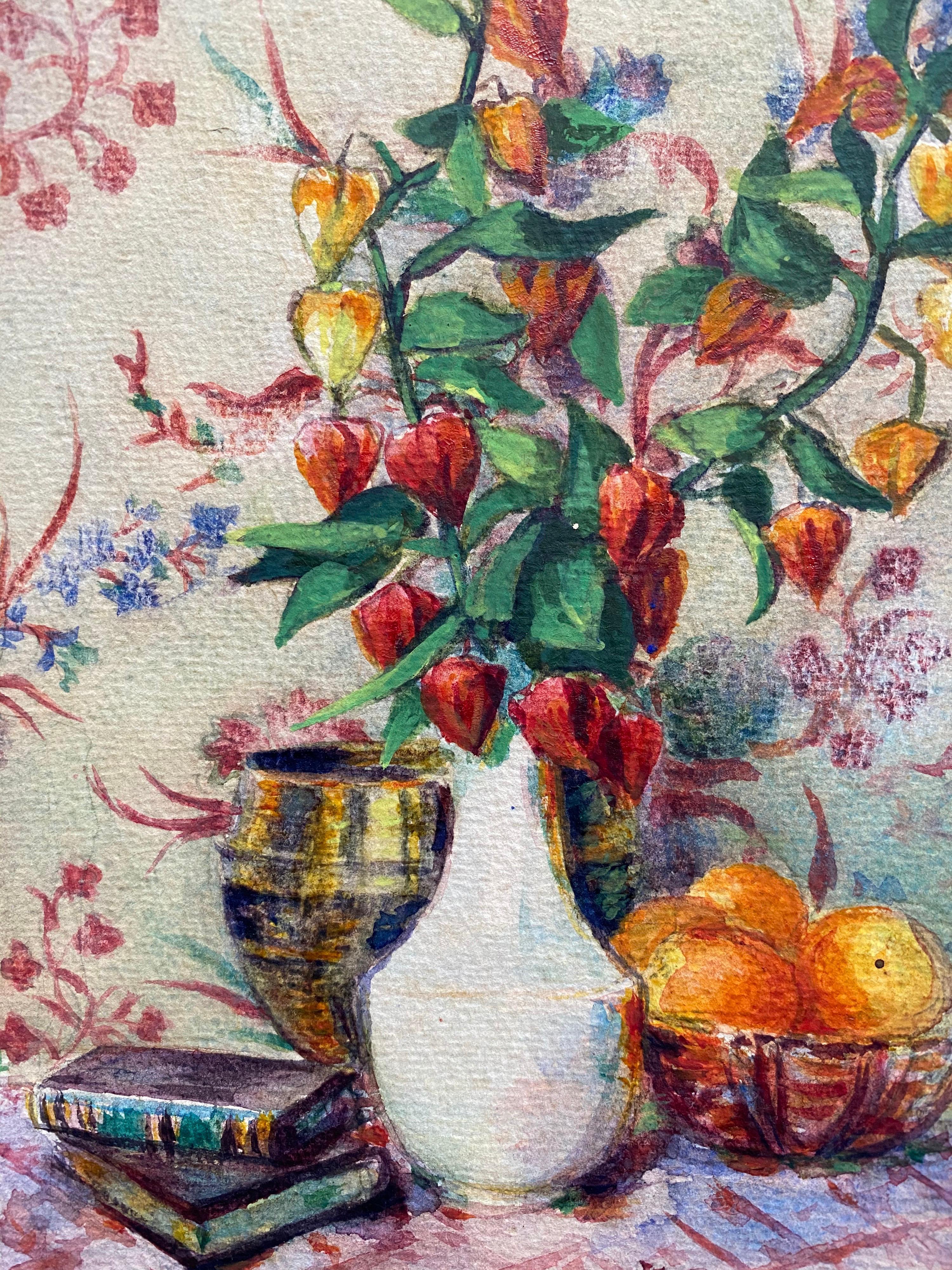Acuarela de flores impresionista francesa de principios de 1900 firmada por Marie Carreau en venta 1