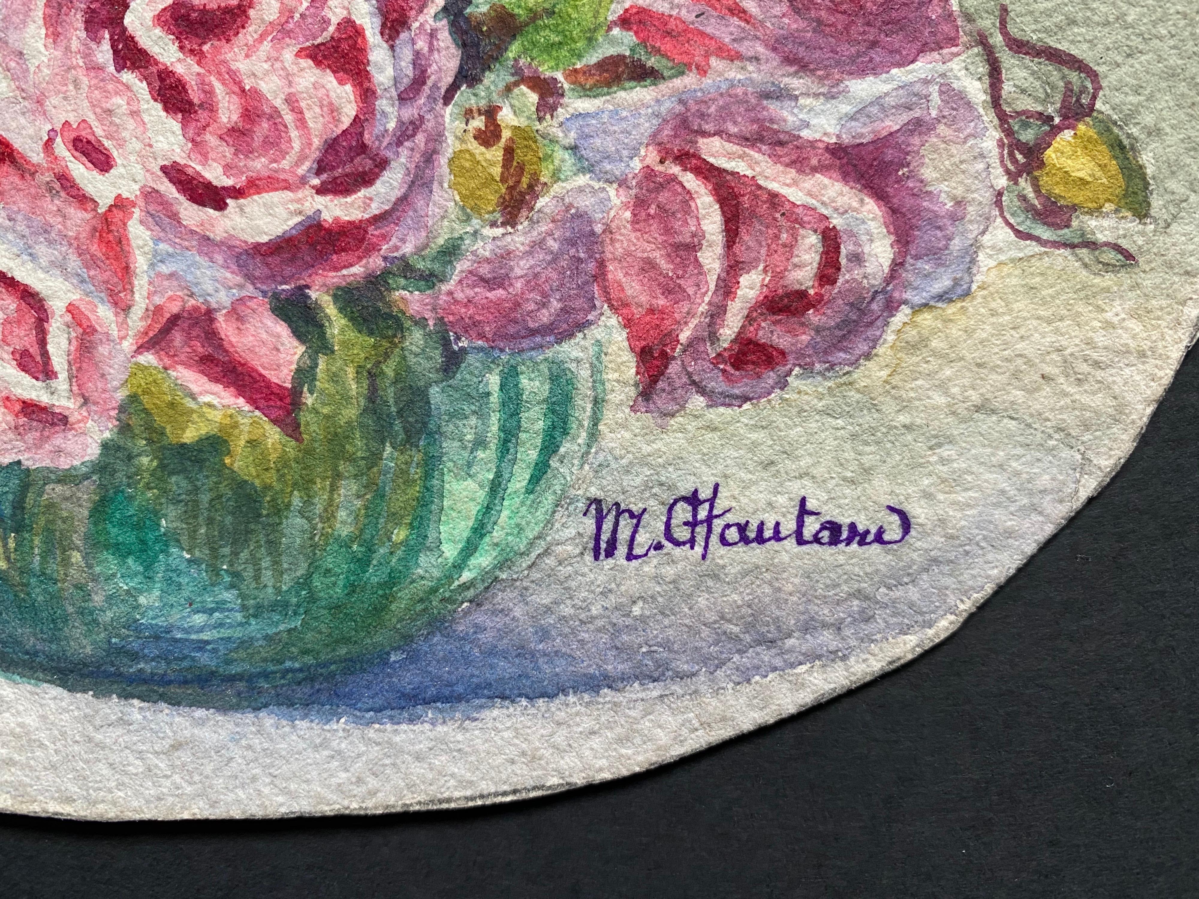 Early 1900's French Impressionist Signed Flower Watercolour by Marie Carreau - Gray Still-Life by Unknown