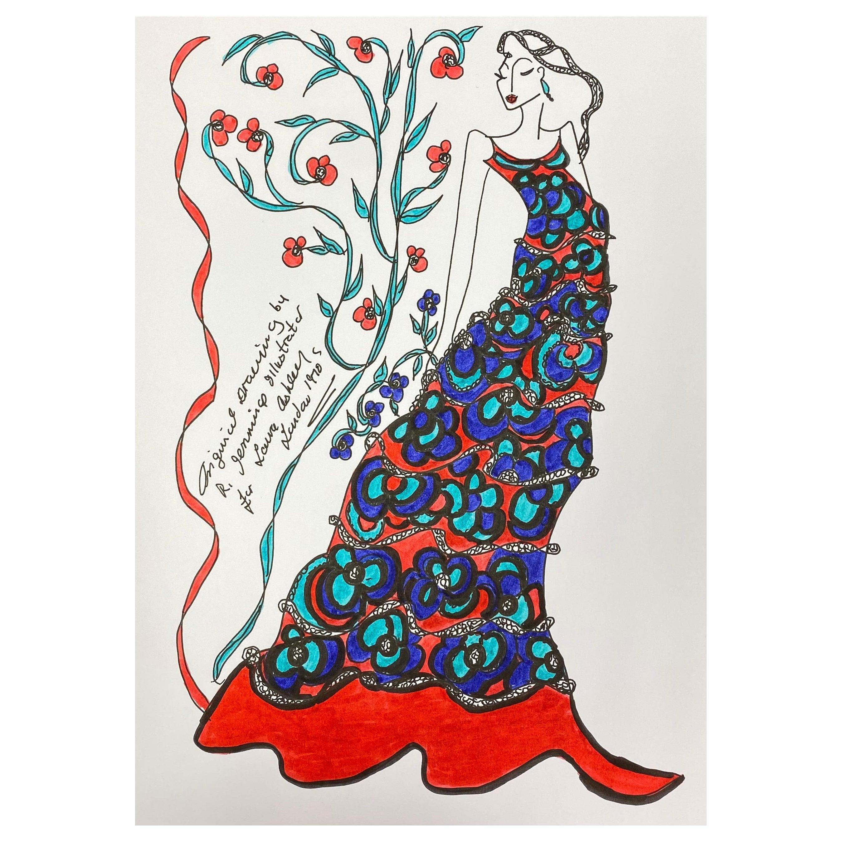 Original Fashion Design Illustration Watercolor Painting Laura Ashley Designer - Art by Unknown