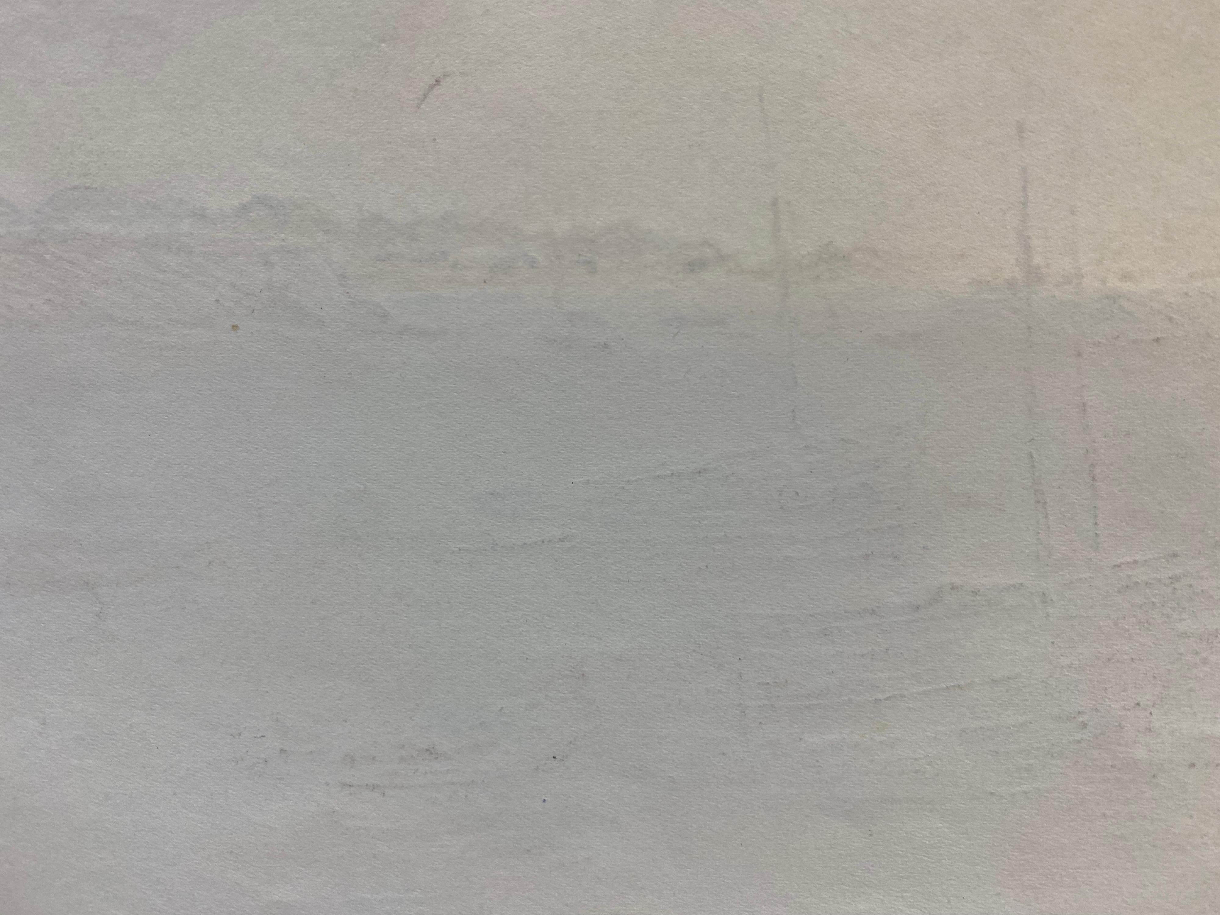 Barcos de vela amarrados en el mar, dibujo impresionista a lápiz firmado en francés en venta 1