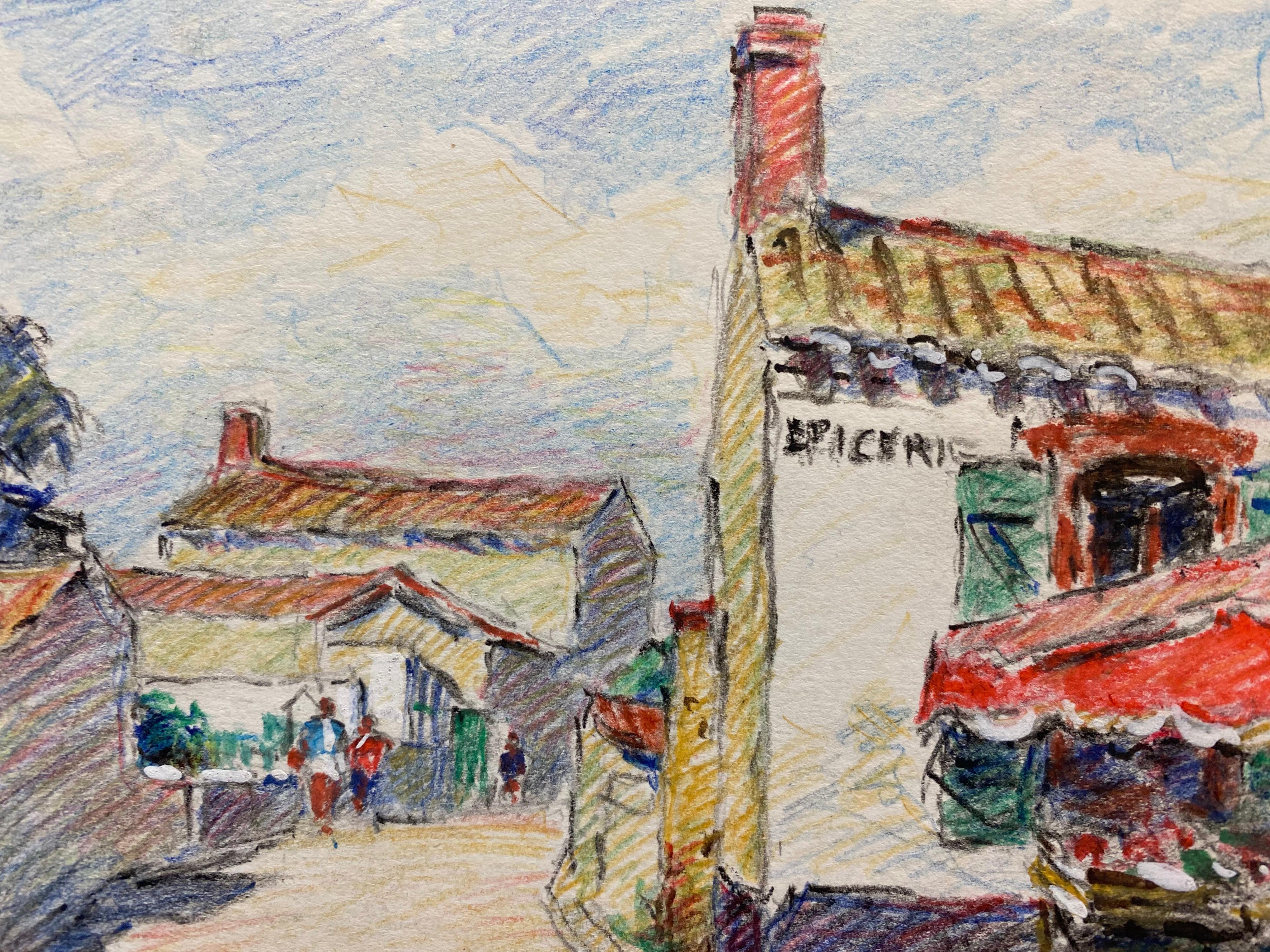 Camille Meriot Dibujo francés impresionista a lápiz Pueblo de Bretaña firmado - Landscape Art Beige de Unknown