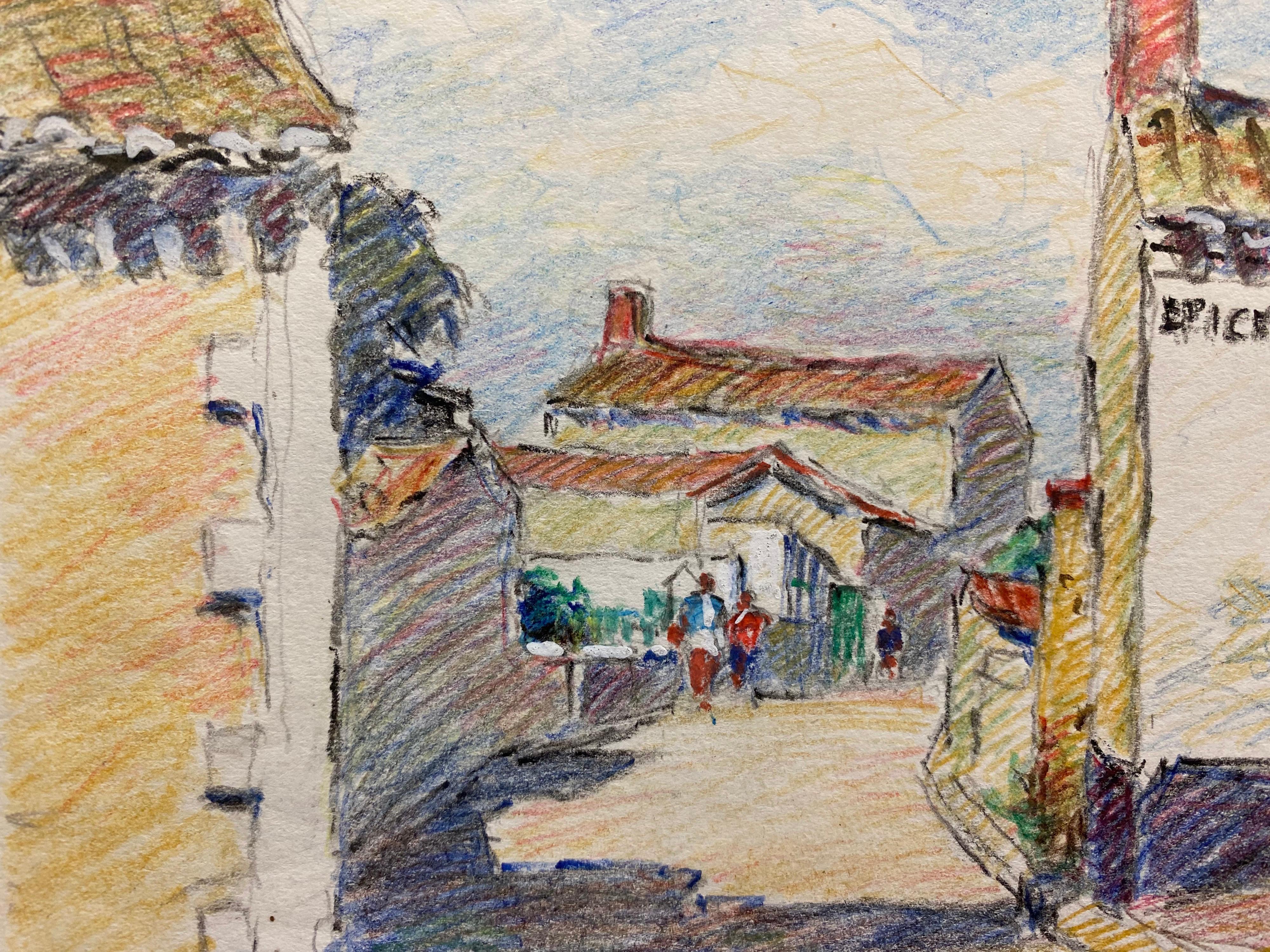 Camille Meriot Dibujo francés impresionista a lápiz Pueblo de Bretaña firmado en venta 1