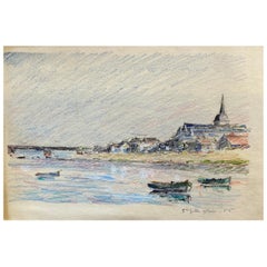Vintage Dibujo Impresionista Francés Firmado a Crayón Costa de Bretaña Barcos