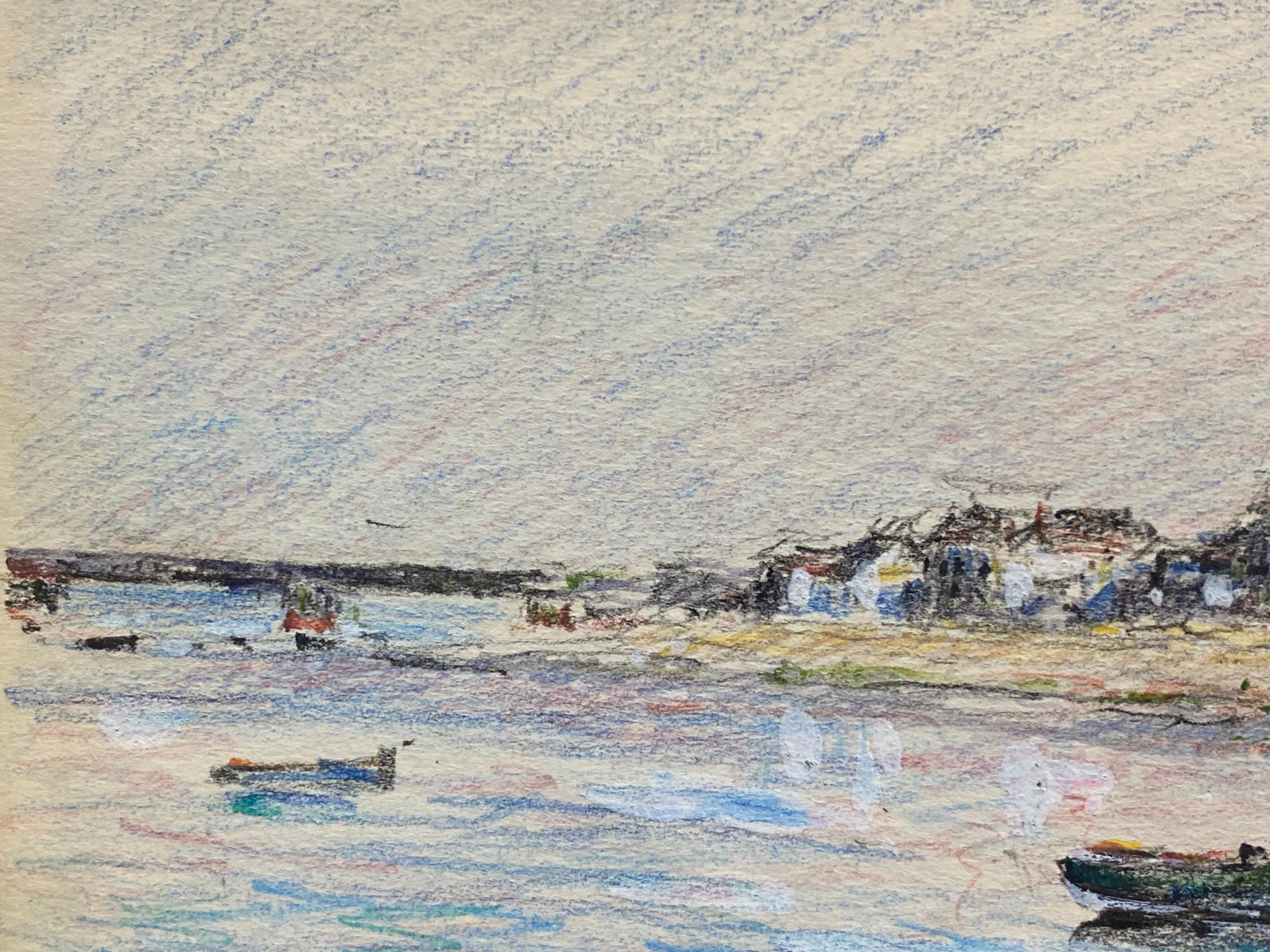Vintage Dibujo Impresionista Francés Firmado a Crayón Costa de Bretaña Barcos - Landscape Art Gris de Unknown