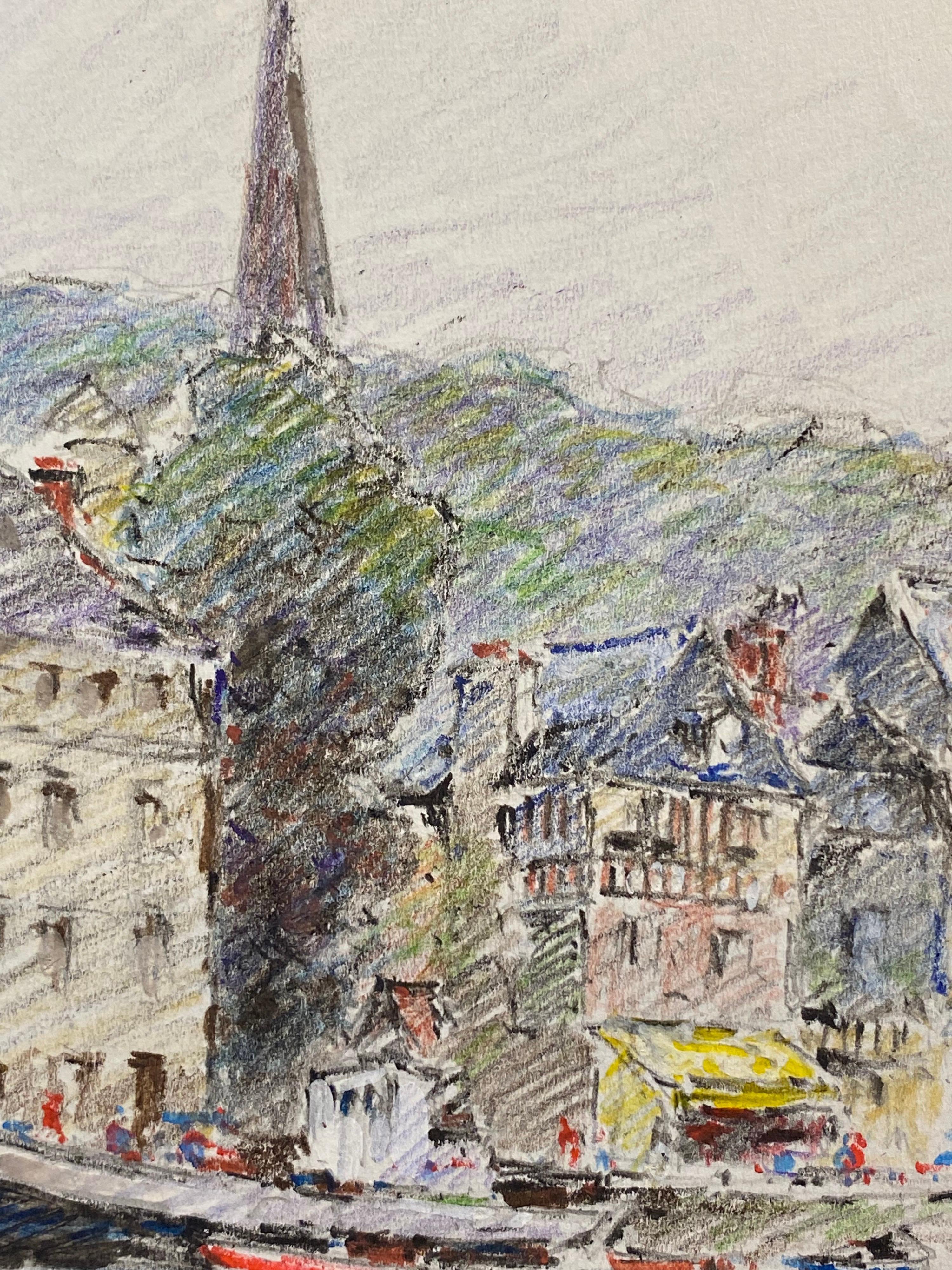 Antique French Dibujo Impresionista a Crayón Firmado Barcos en el Puerto de Honfleur - Art de Unknown