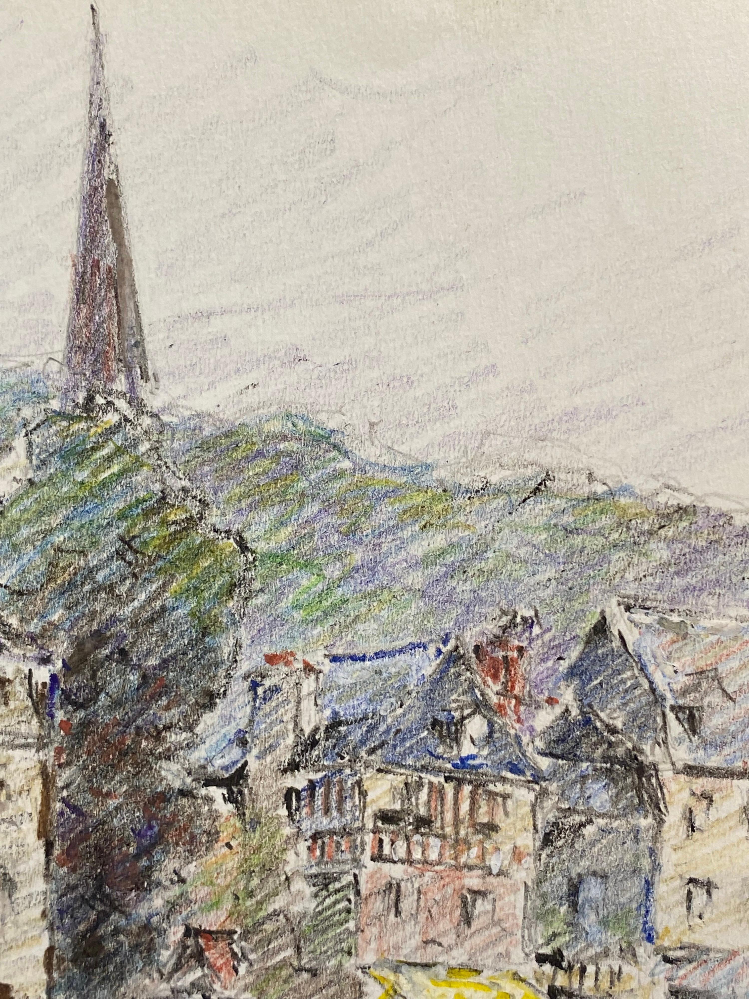 Antique French Dibujo Impresionista a Crayón Firmado Barcos en el Puerto de Honfleur en venta 1