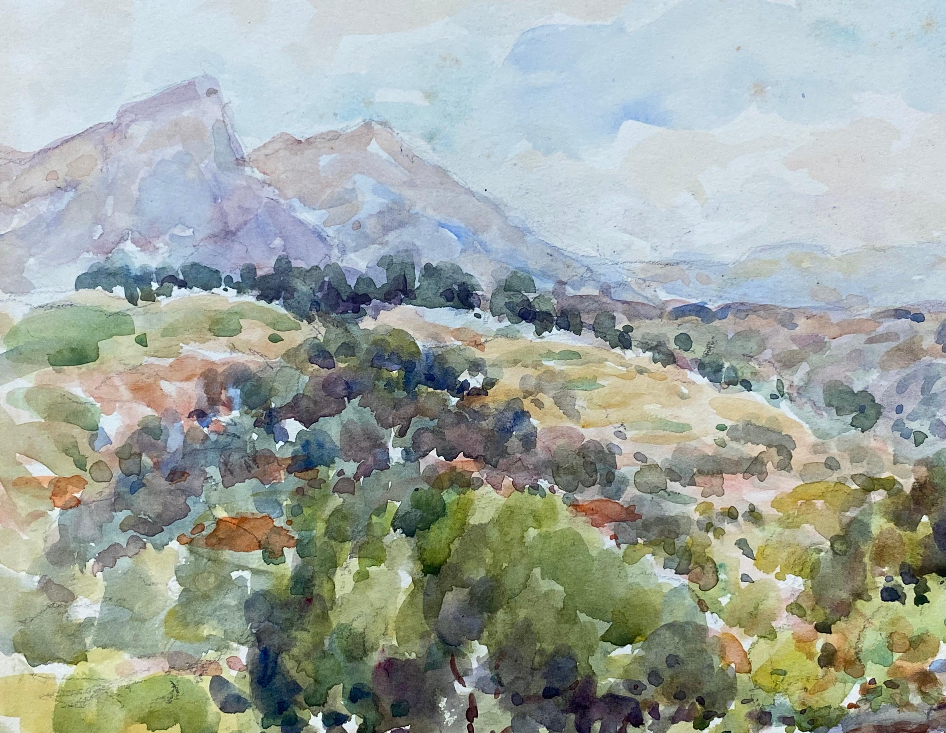 Vence Pintura a la acuarela firmada en francés, Paisaje abierto y luminoso - Landscape Art Gris de Unknown