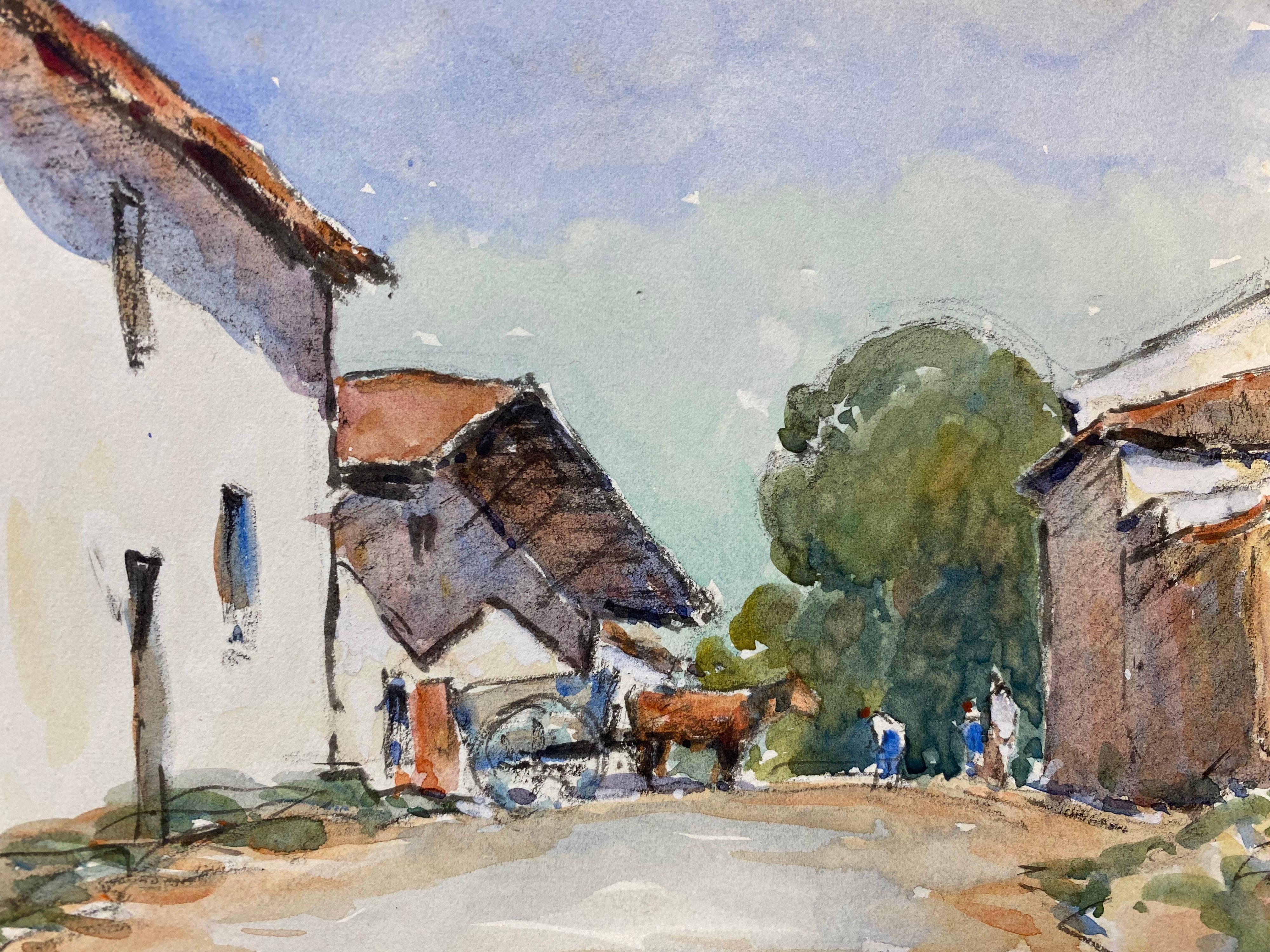 Camille Meriot Pintura a la acuarela firmada en francés, Paisaje de corral - Art de Unknown
