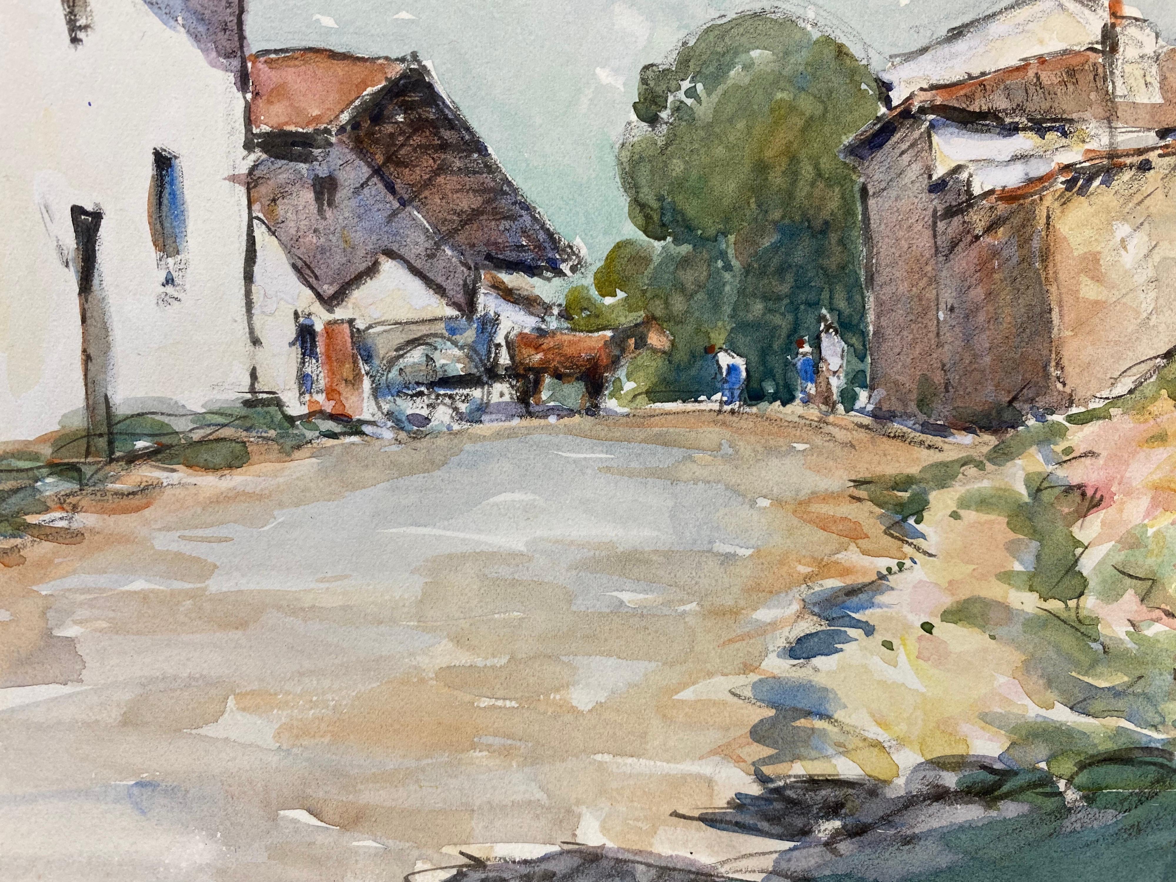 Camille Meriot Pintura a la acuarela firmada en francés, Paisaje de corral - Landscape Art Gris de Unknown