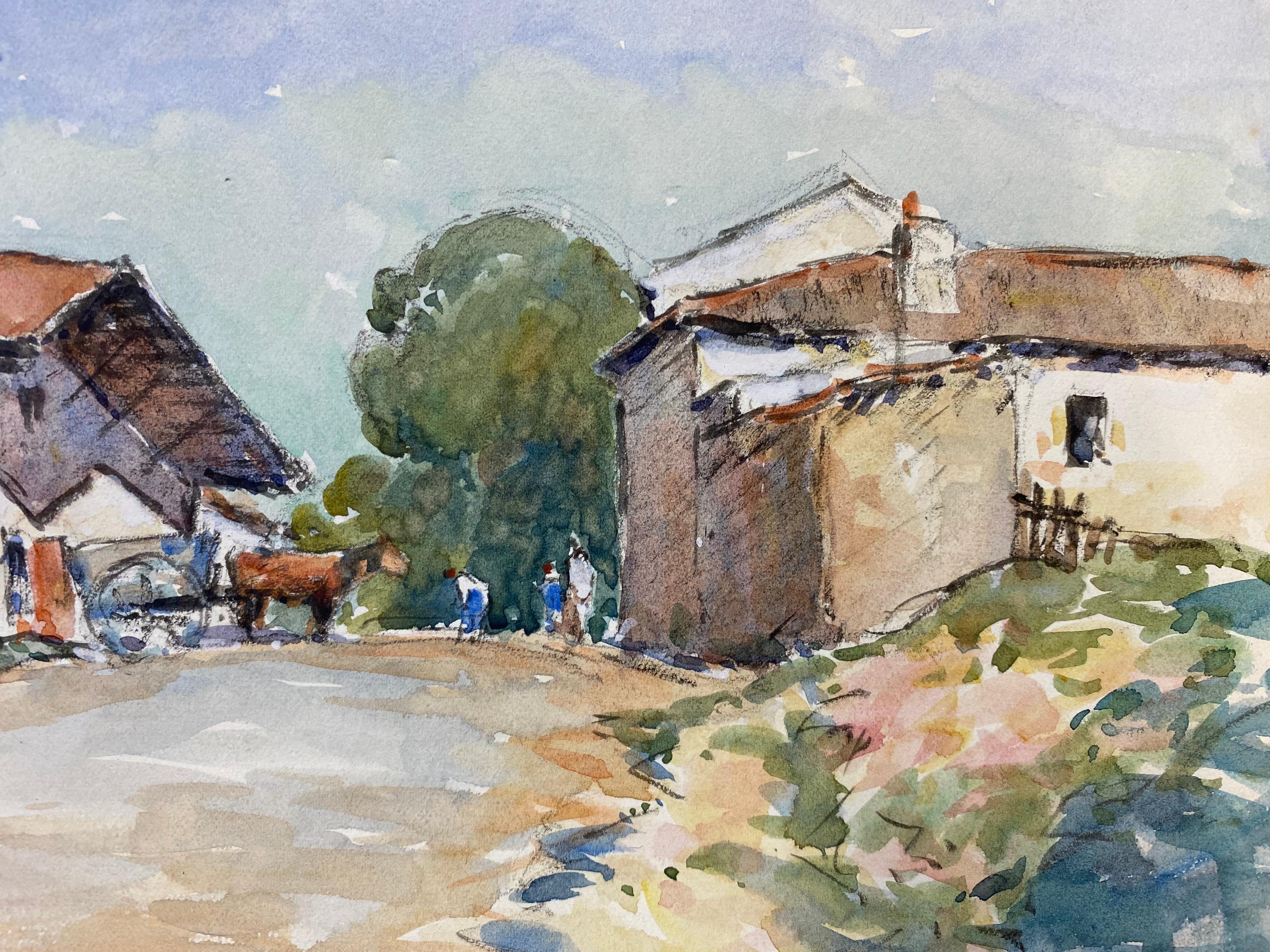 Camille Meriot Pintura a la acuarela firmada en francés, Paisaje de corral en venta 2