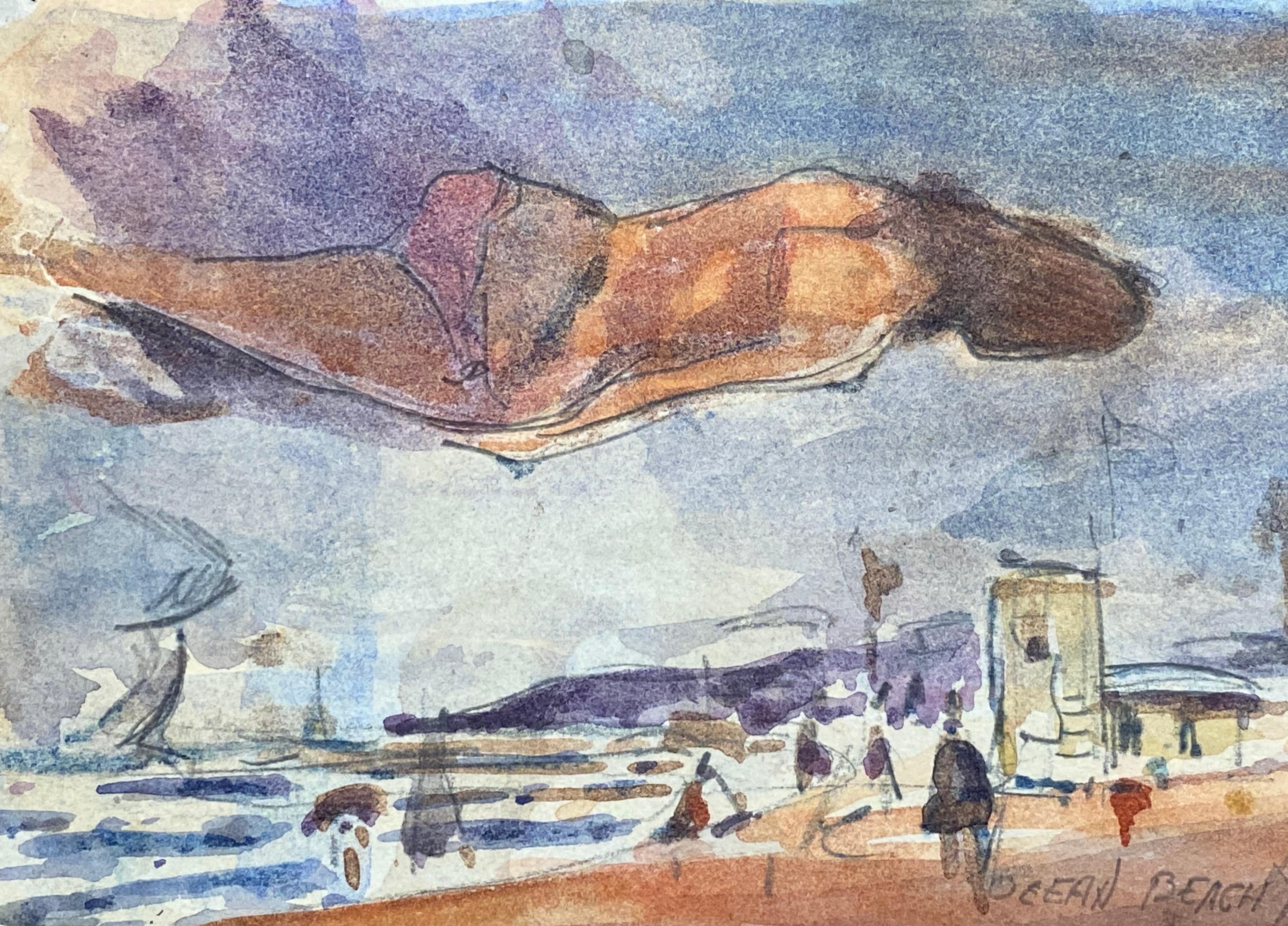 Acuarela Impresionista Francesa Firmada, Cielo Azul Brillante Sobre La Playa en venta 2