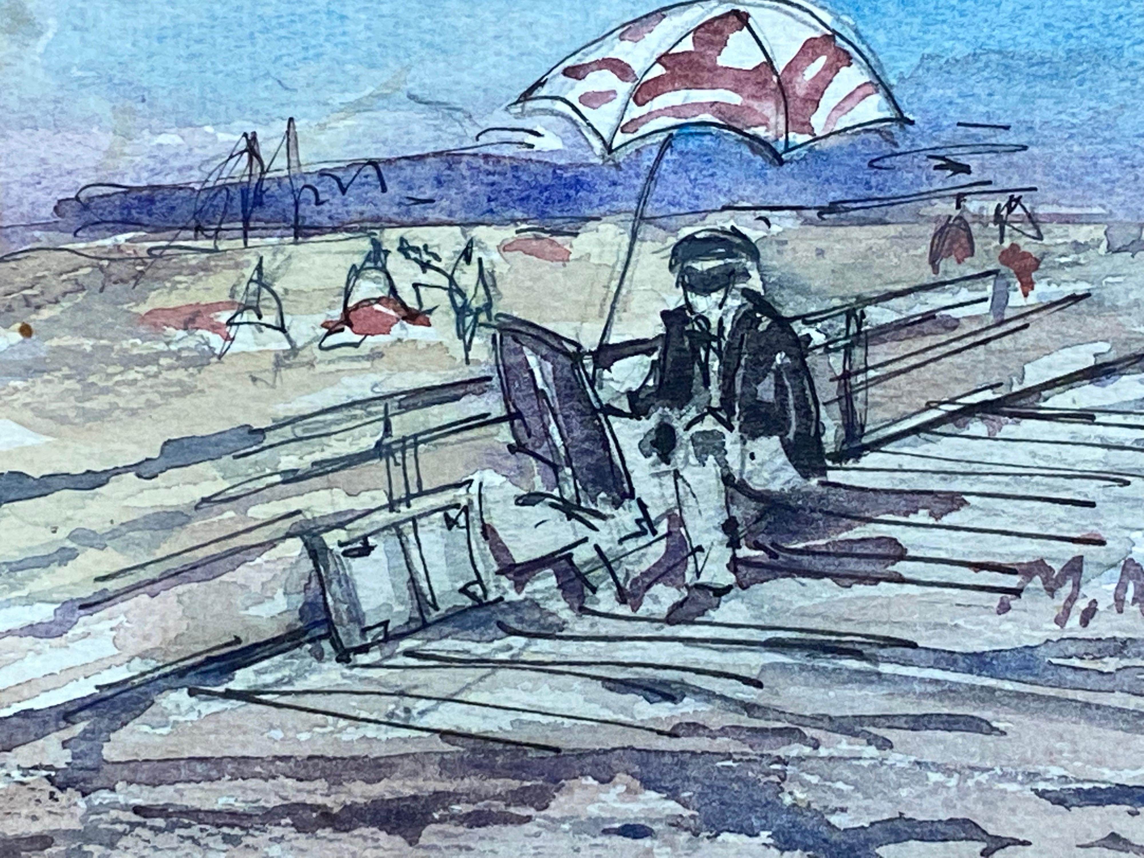 Artist at Easel Painting on the Beach, French Impressionist Watercolor - Blue Figurative Art by Unknown