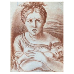 Antique French Old Master Sanguine Chalk Drawing Mother & Child Portrait