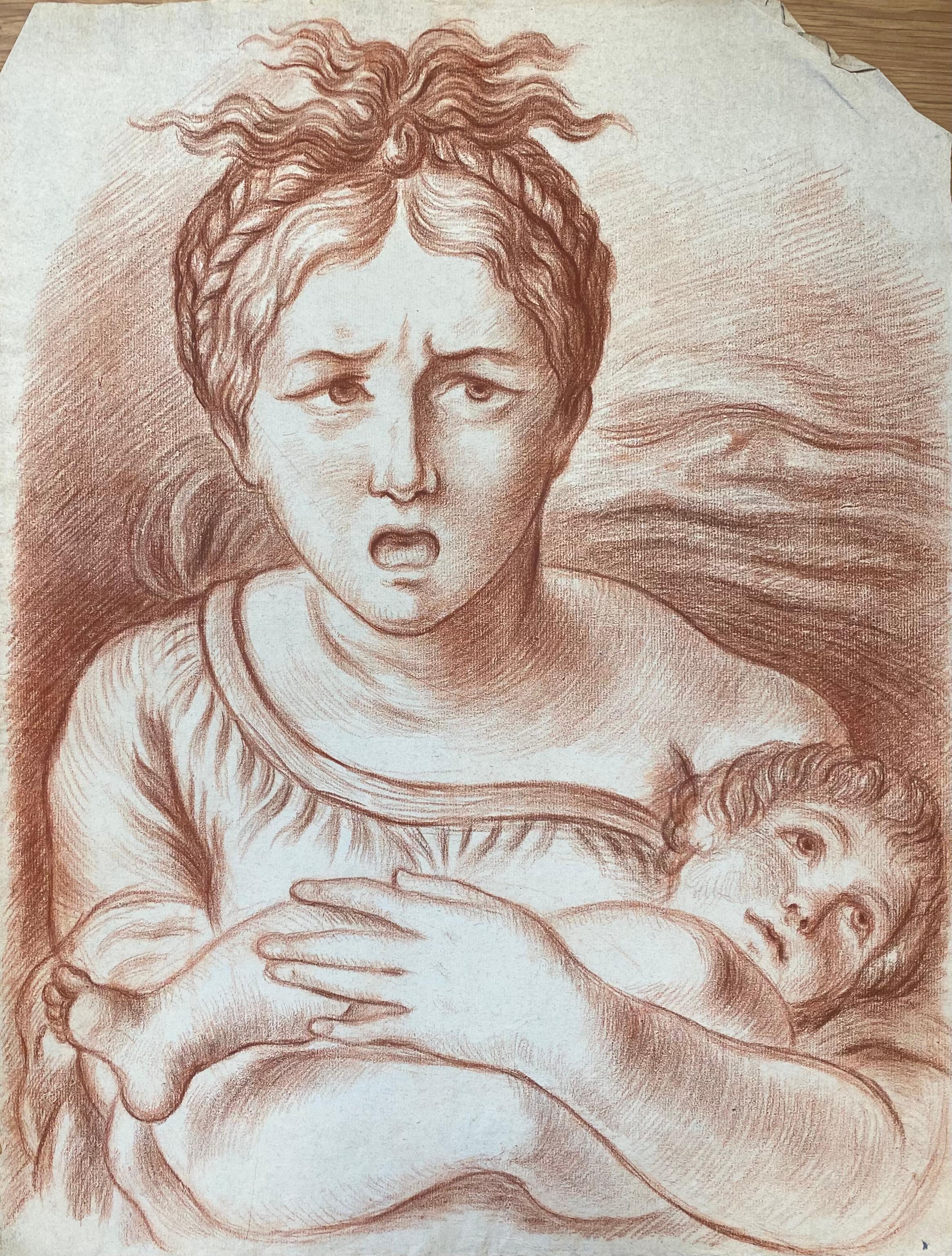 Antique French Old Master Sanguine Chalk Drawing Mother & Child Portrait - Beige Figurative Art by Unknown