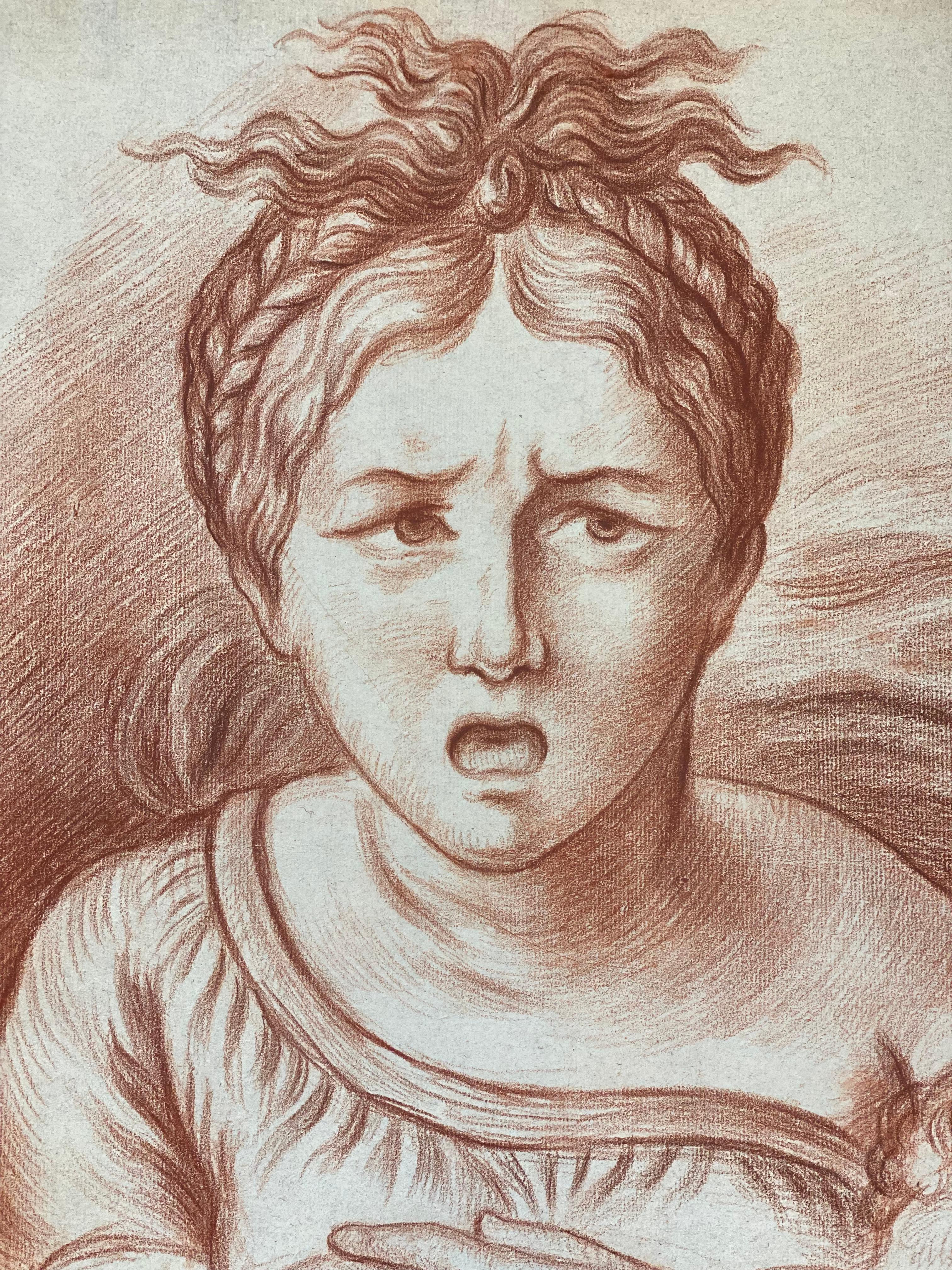 Antique French Old Master Sanguine Chalk Drawing Mother & Child Portrait - Art by Unknown