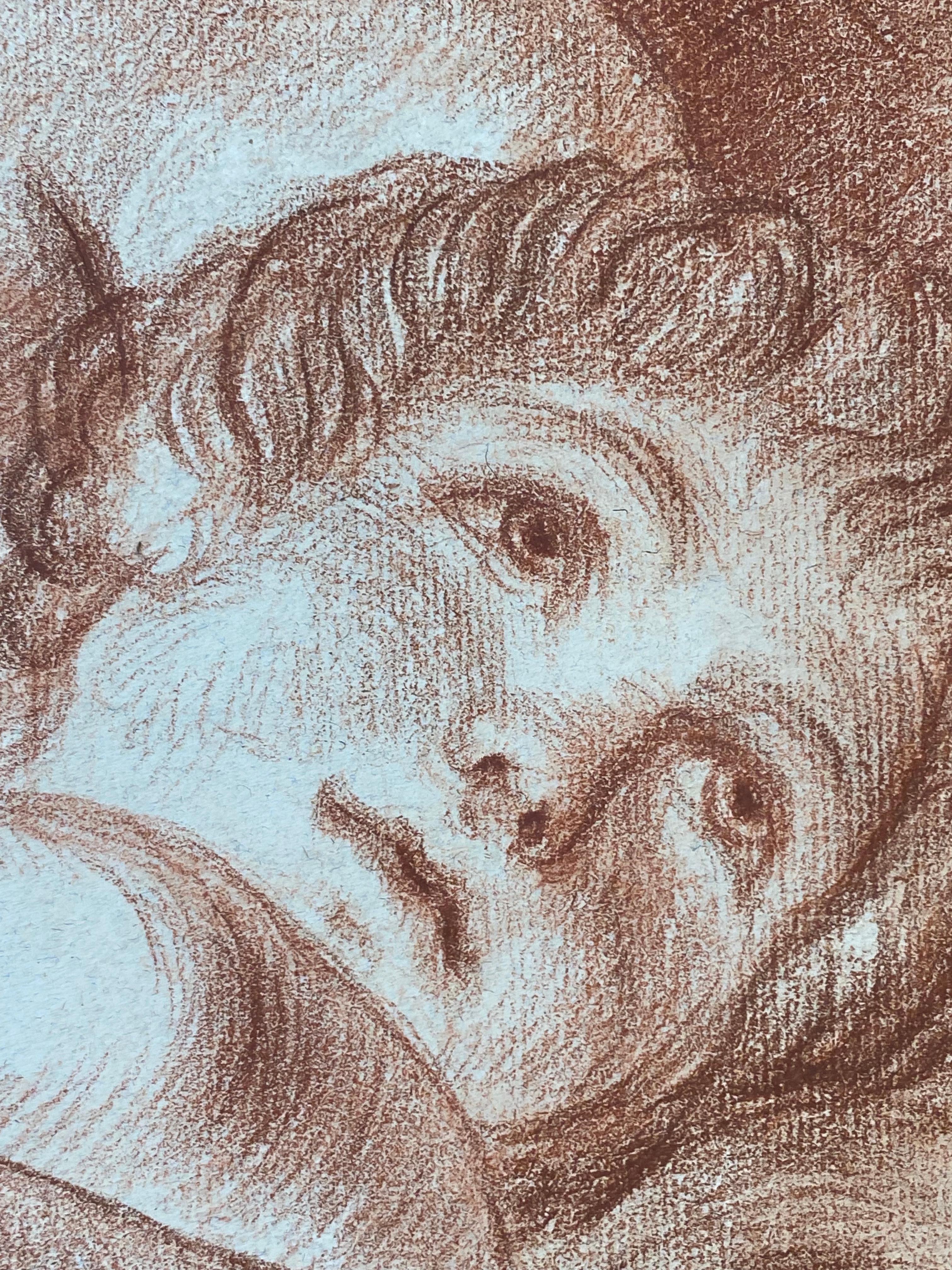 Antique French Old Master Sanguine Chalk Drawing Mother & Child Portrait For Sale 2