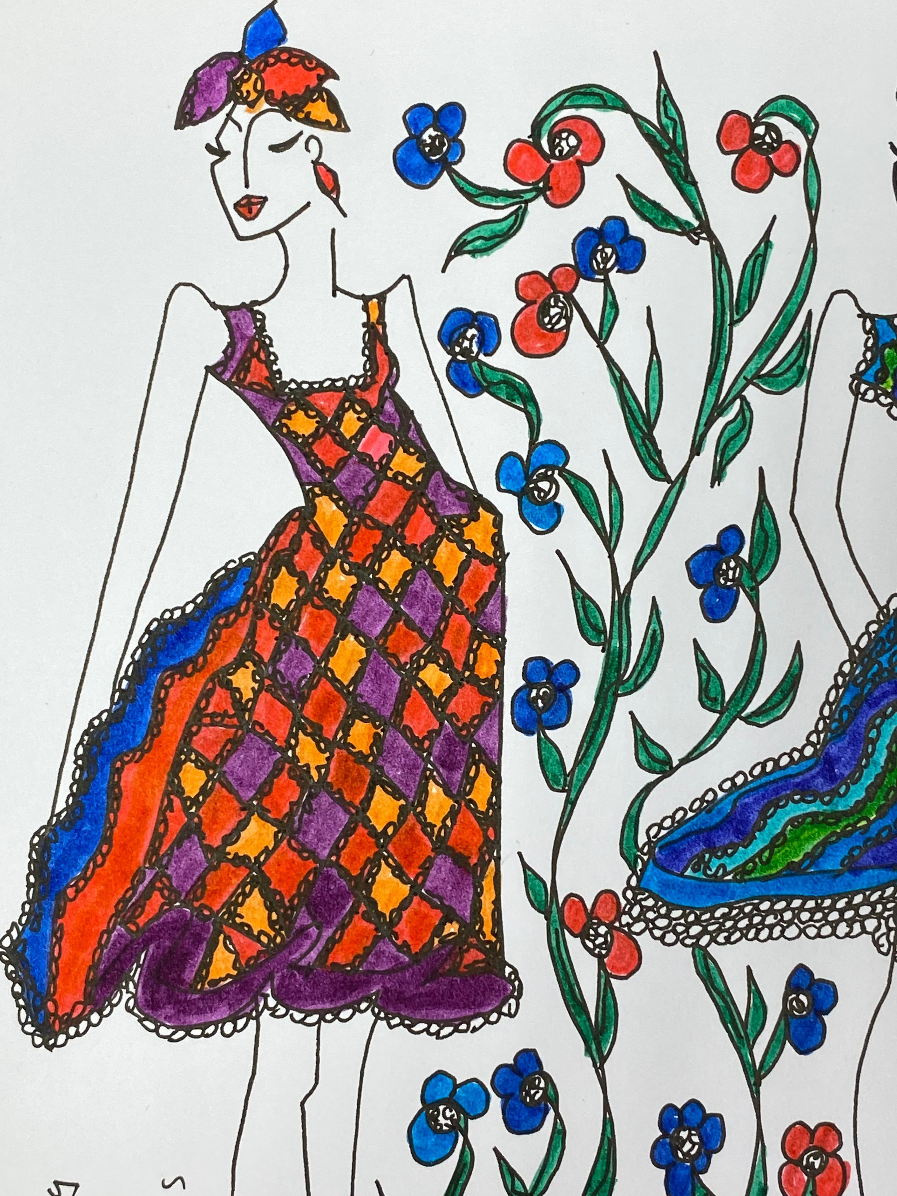 Original Fashion Design Illustration Watercolor Painting Laura Ashley Designer - Gray Figurative Art by Unknown