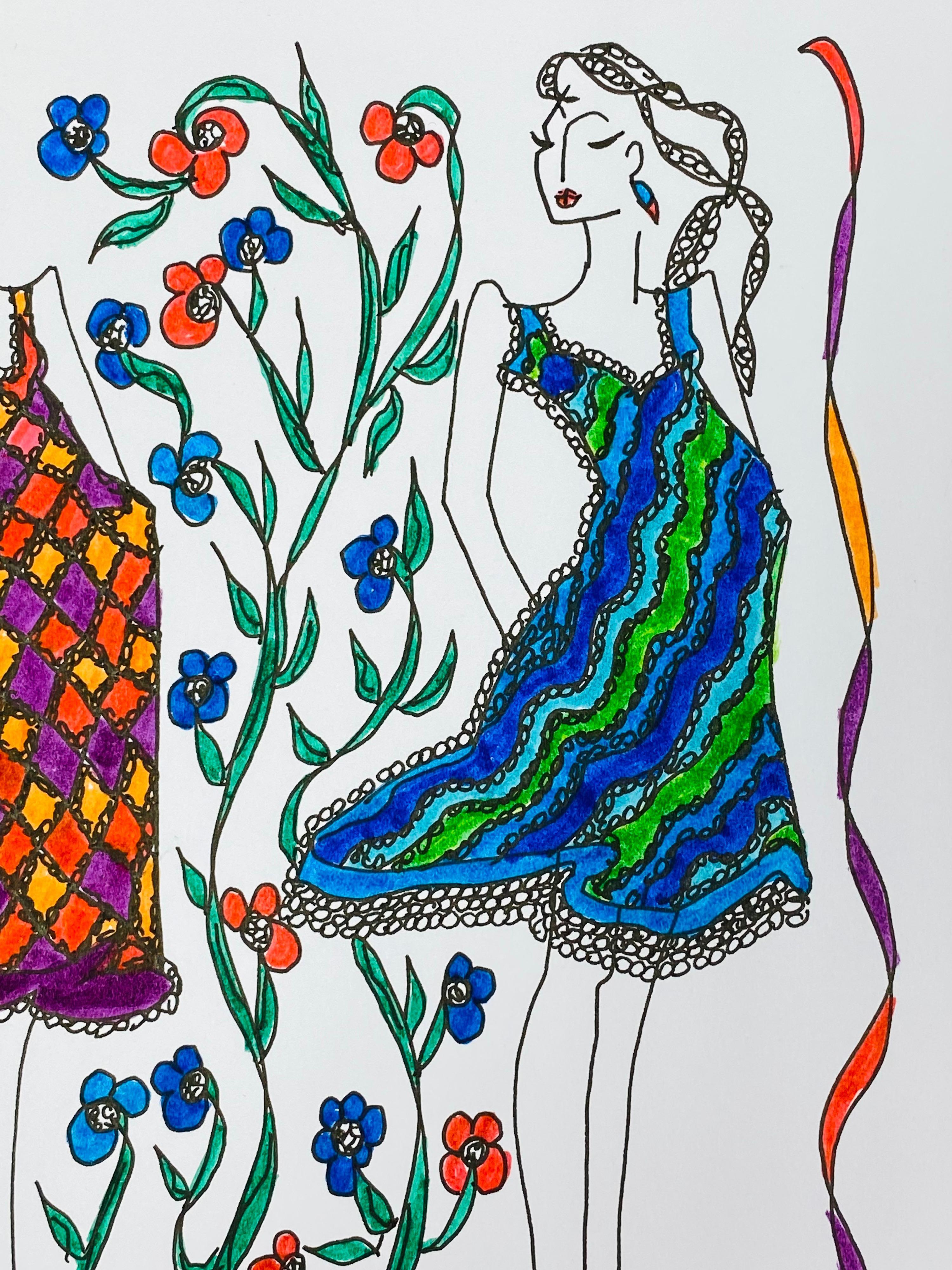 Original Fashion Design Illustration
by Roz Jennings, British
watercolor and ink on card, unframed
size: 12 x 8.25 inches
condition: very good

A beautifully colorful and characterful original artwork by British fashion designer, Roz Jennings. We