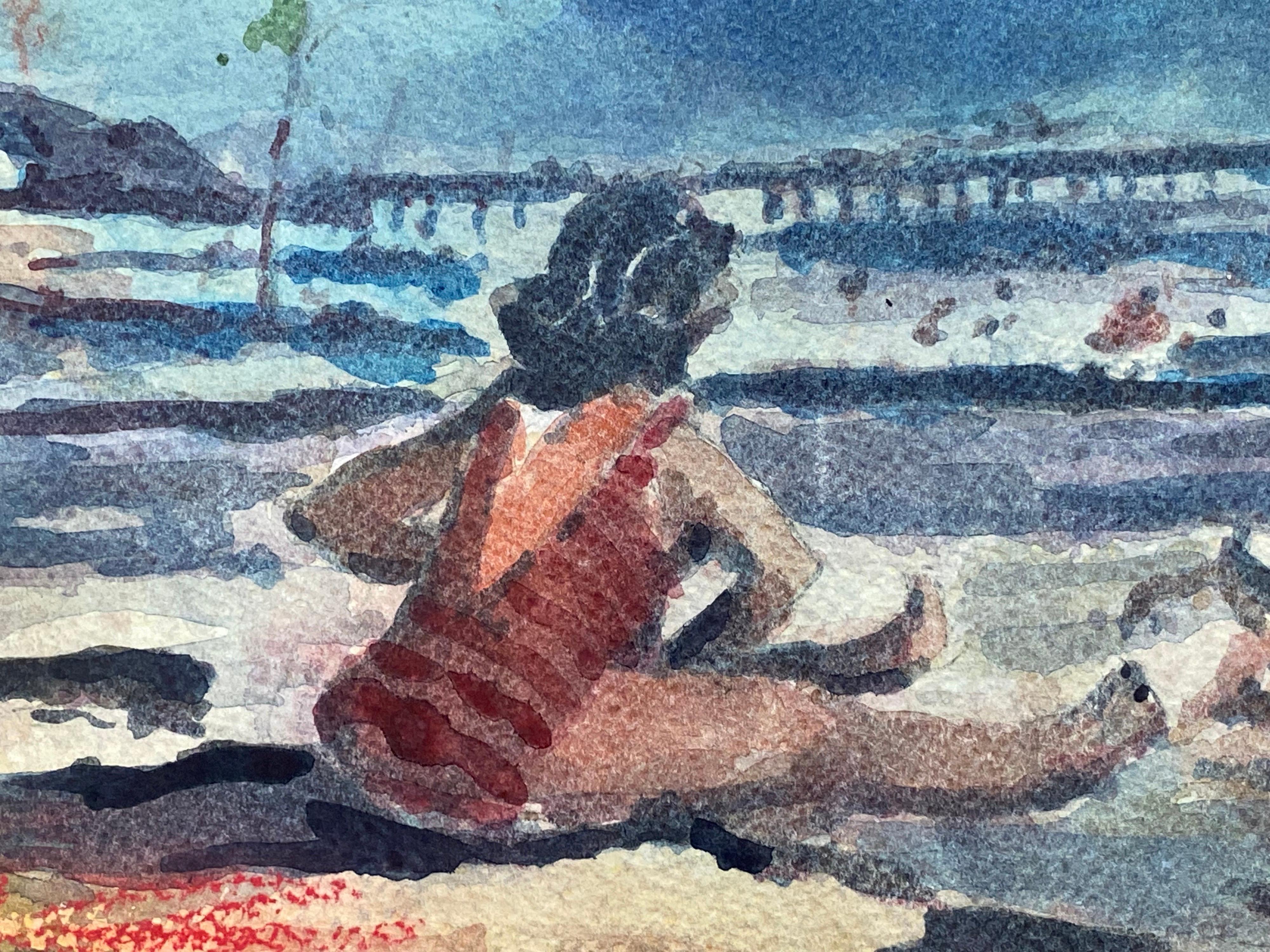 Maurice Mazeilie, Impresionista francés Acuarela firmada, Dama en la playa - Landscape Art Gris de Unknown