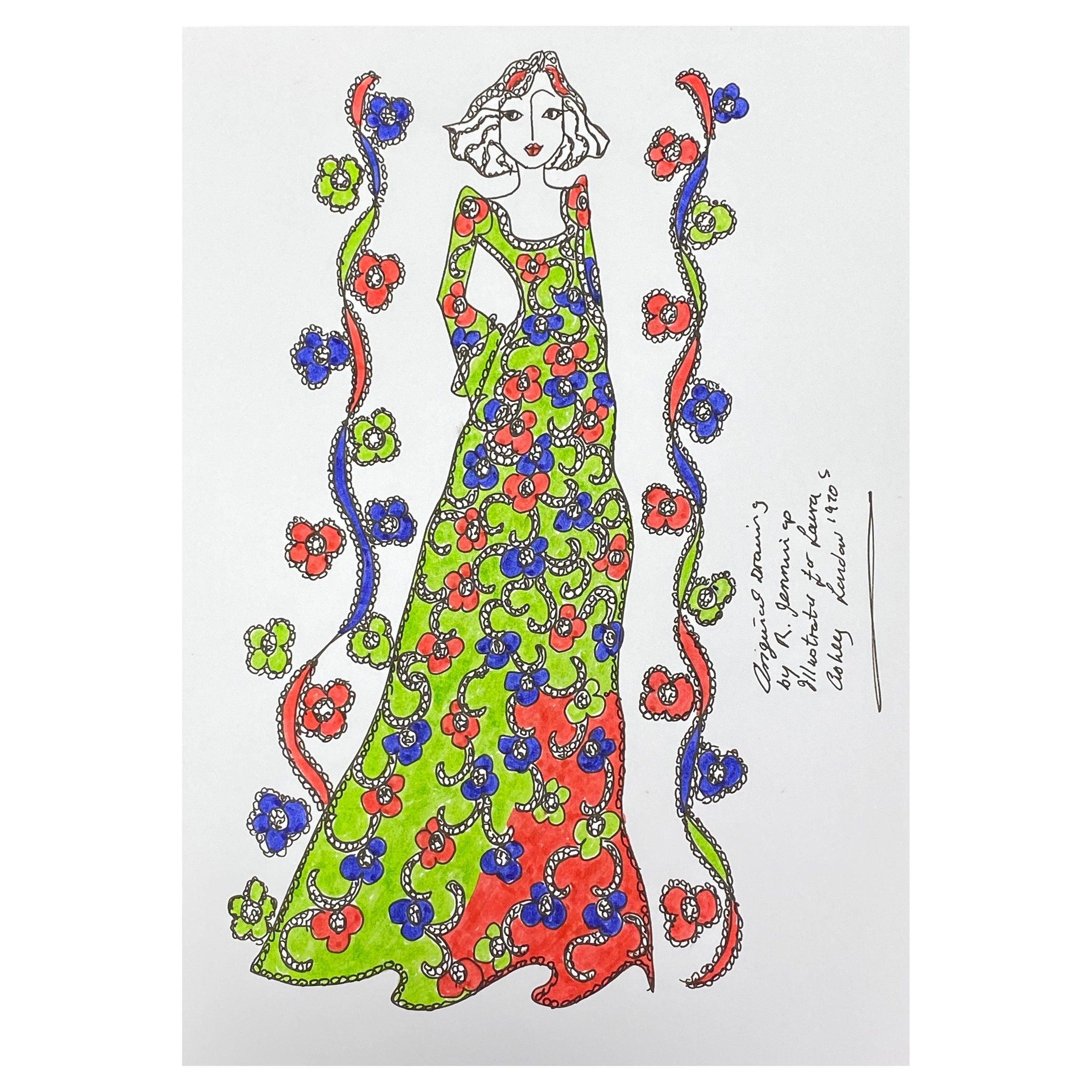 Unknown Figurative Art - Original Fashion Design Illustration Watercolor Painting Laura Ashley Designer