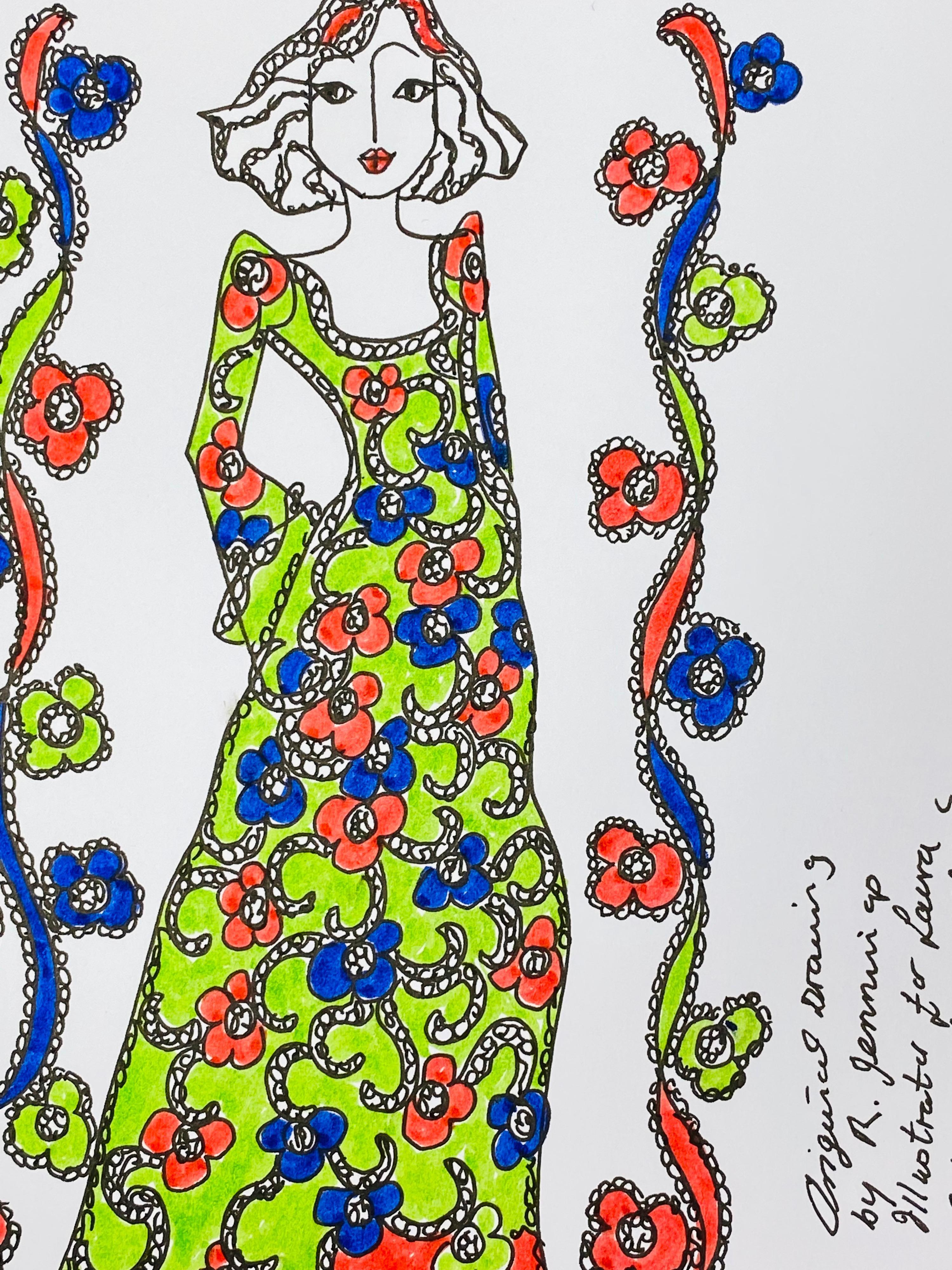 Original Fashion Design Illustration Watercolor Painting Laura Ashley Designer - Gray Figurative Art by Unknown