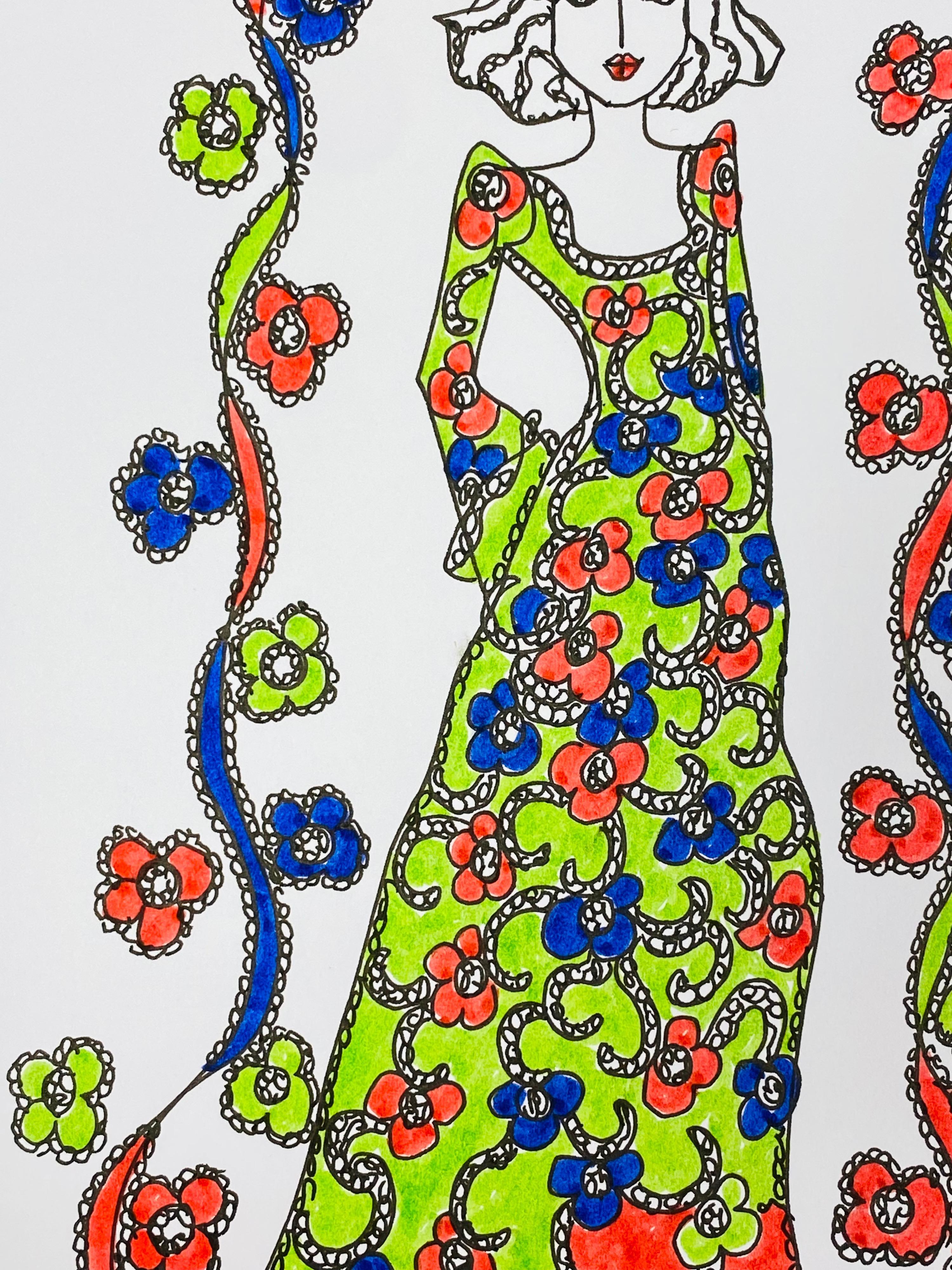 Original fashion design illustration
by Roz Jennings, British
watercolor and ink on card, unframed
size: 12 x 8.25 inches
condition: very good

A beautifully colorful and characterful original artwork by British fashion designer, Roz Jennings. We