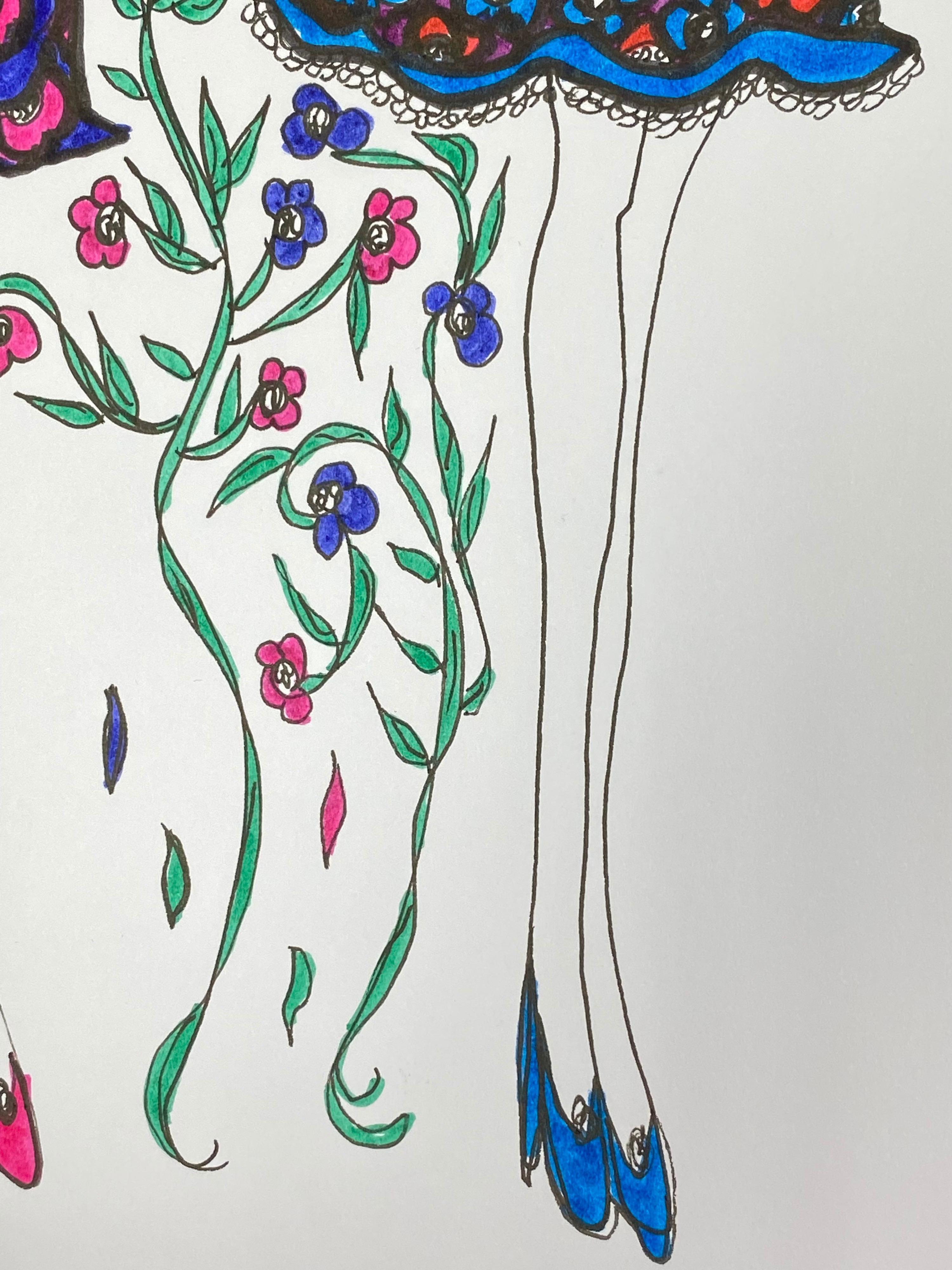 Original Fashion Design Illustration Watercolor Painting Laura Ashley Designer For Sale 2