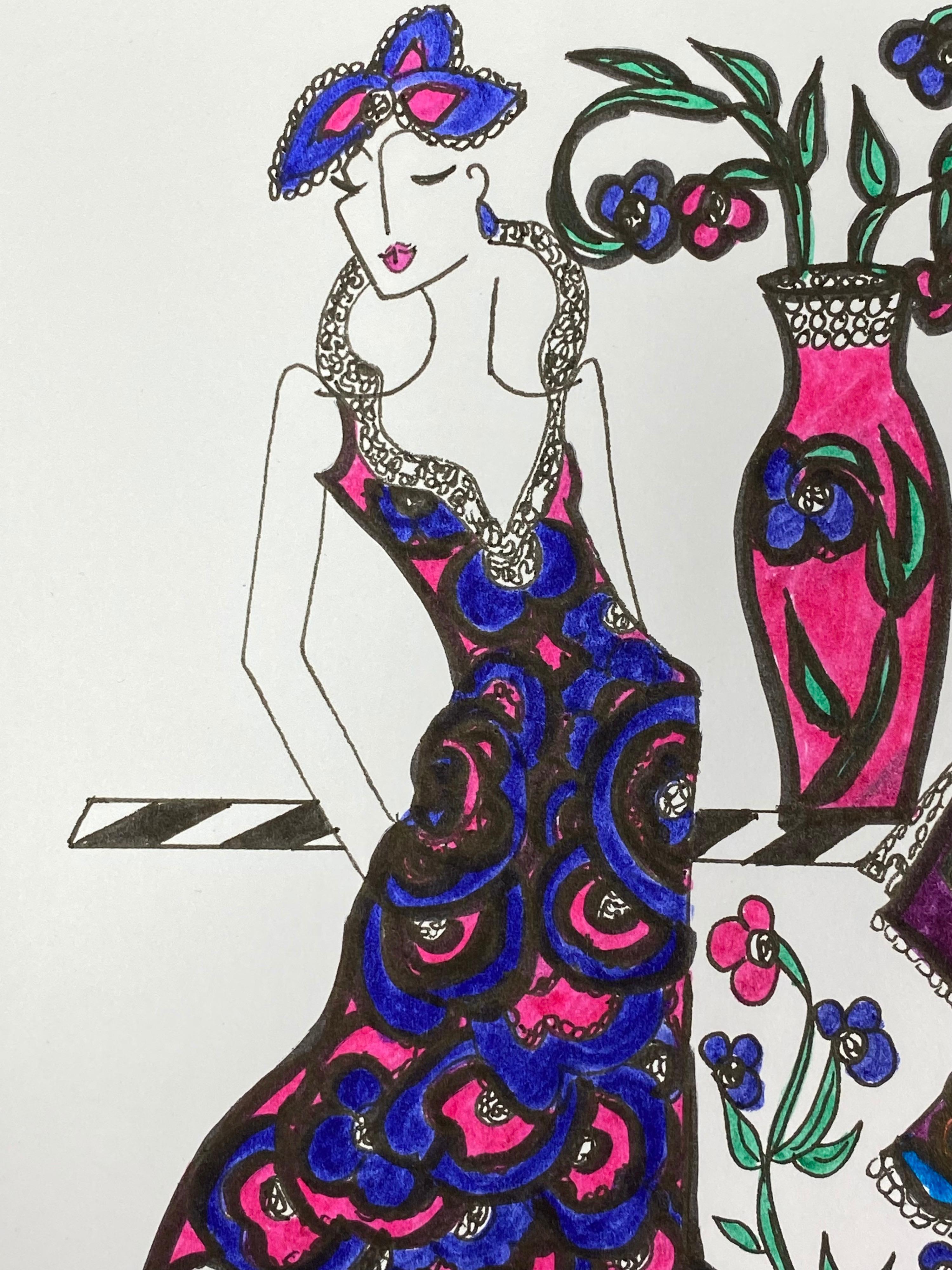Original Fashion Design Illustration Watercolor Painting Laura Ashley Designer For Sale 4
