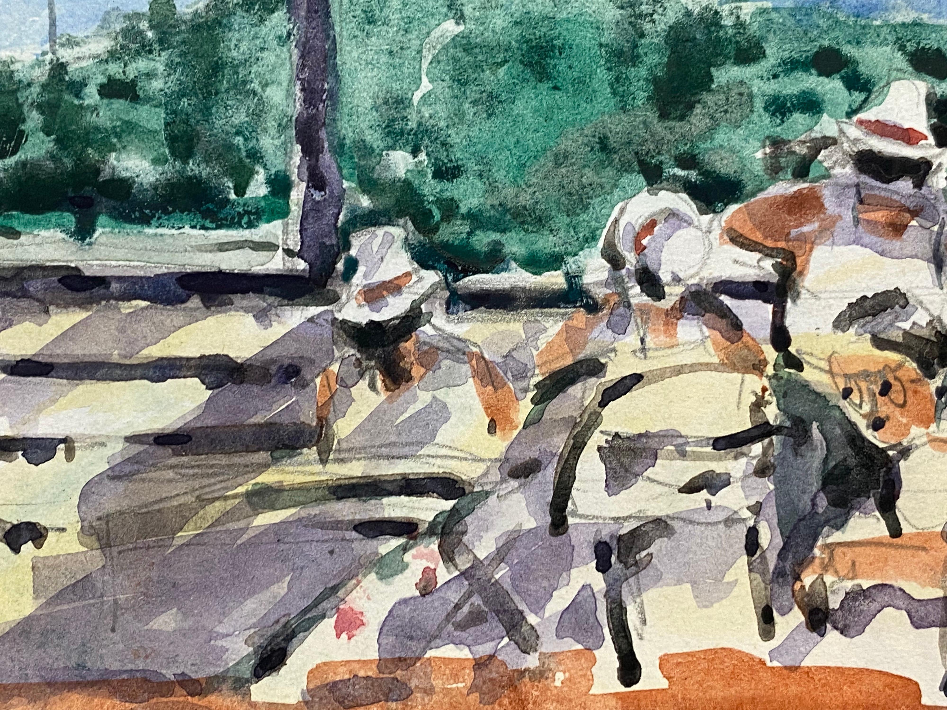 Aquarelle impressionniste française, personnages en train de discuter - Bleu Figurative Art par Unknown