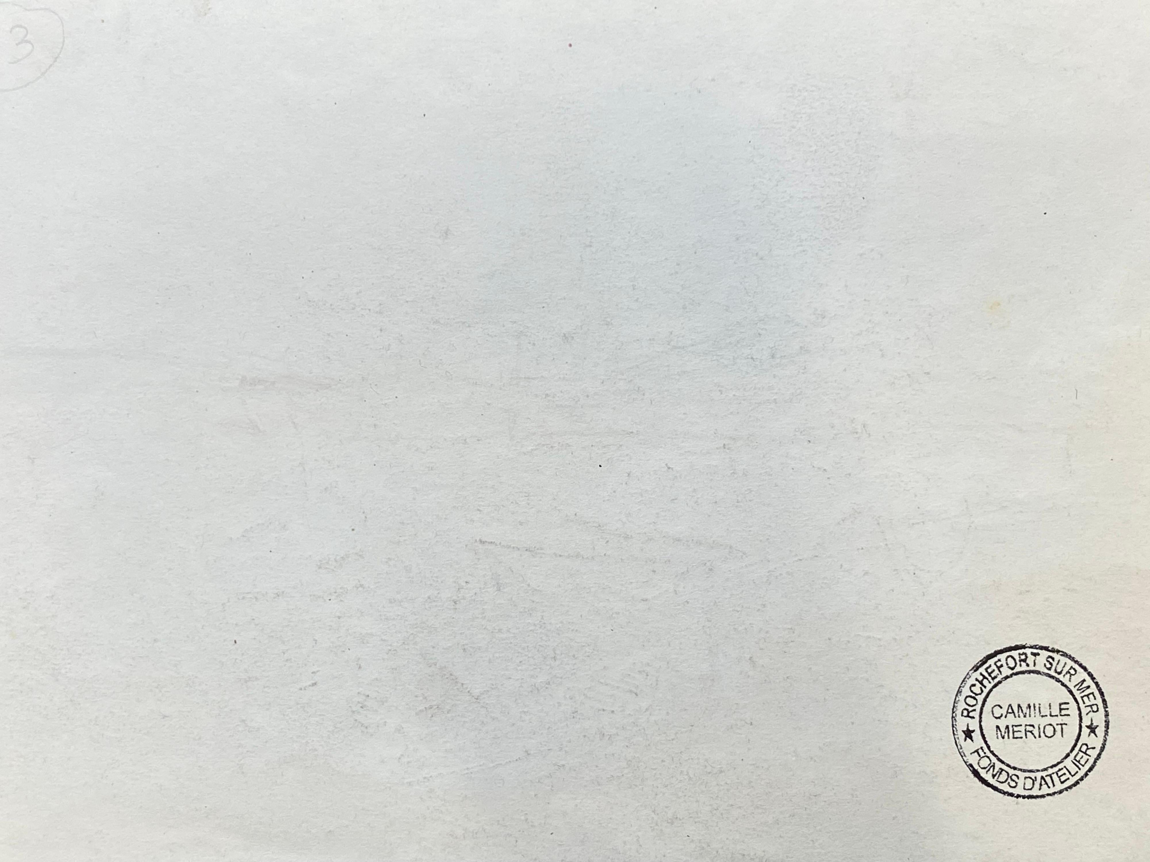 Camille Meriot Dibujo impresionista a lápiz firmado en francés, Junto al puerto en venta 1