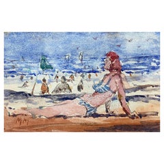 Acuarela impresionista francesa, Dama en bikini tomando el sol