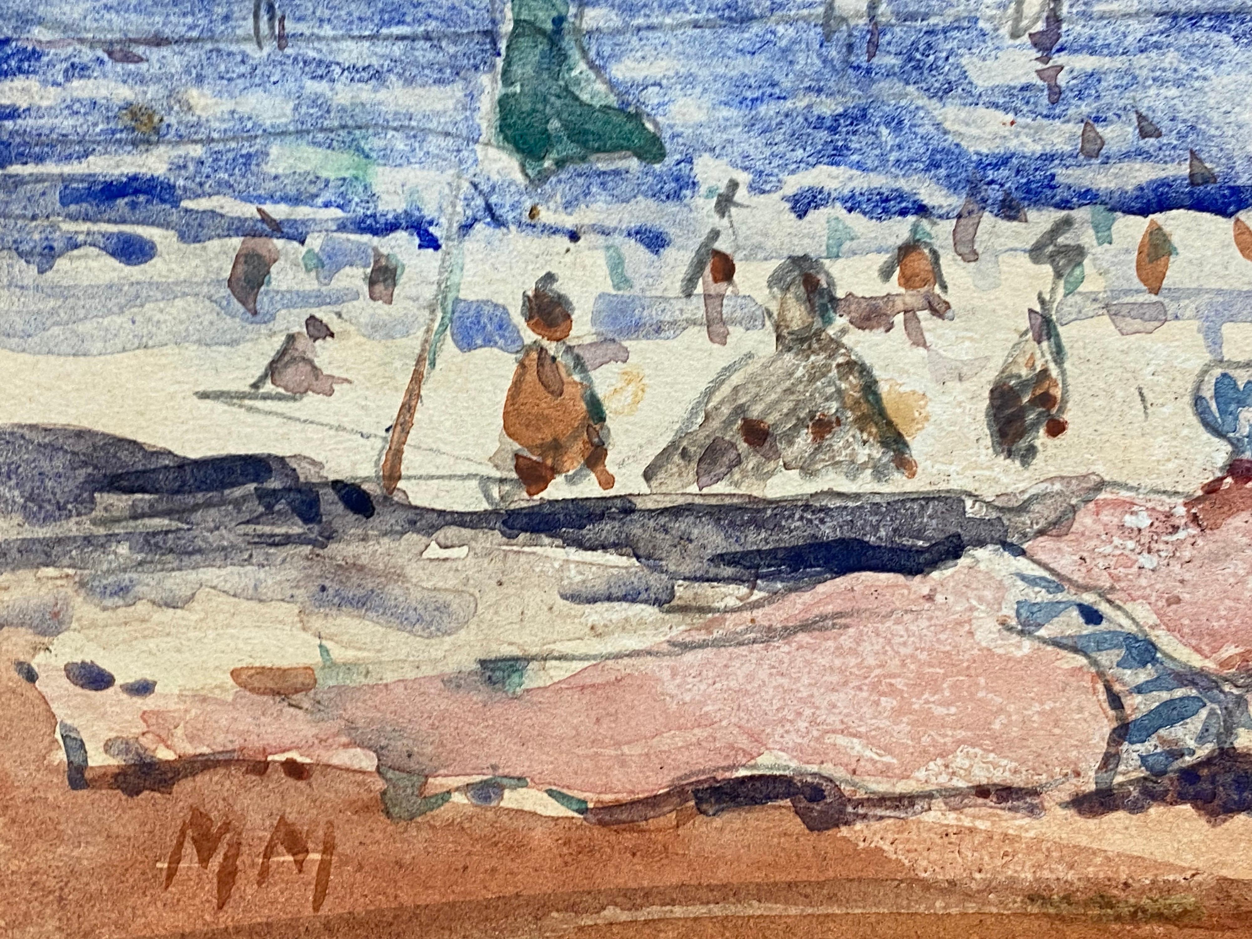 Acuarela impresionista francesa, Dama en bikini tomando el sol - Figurative Art Gris de Unknown