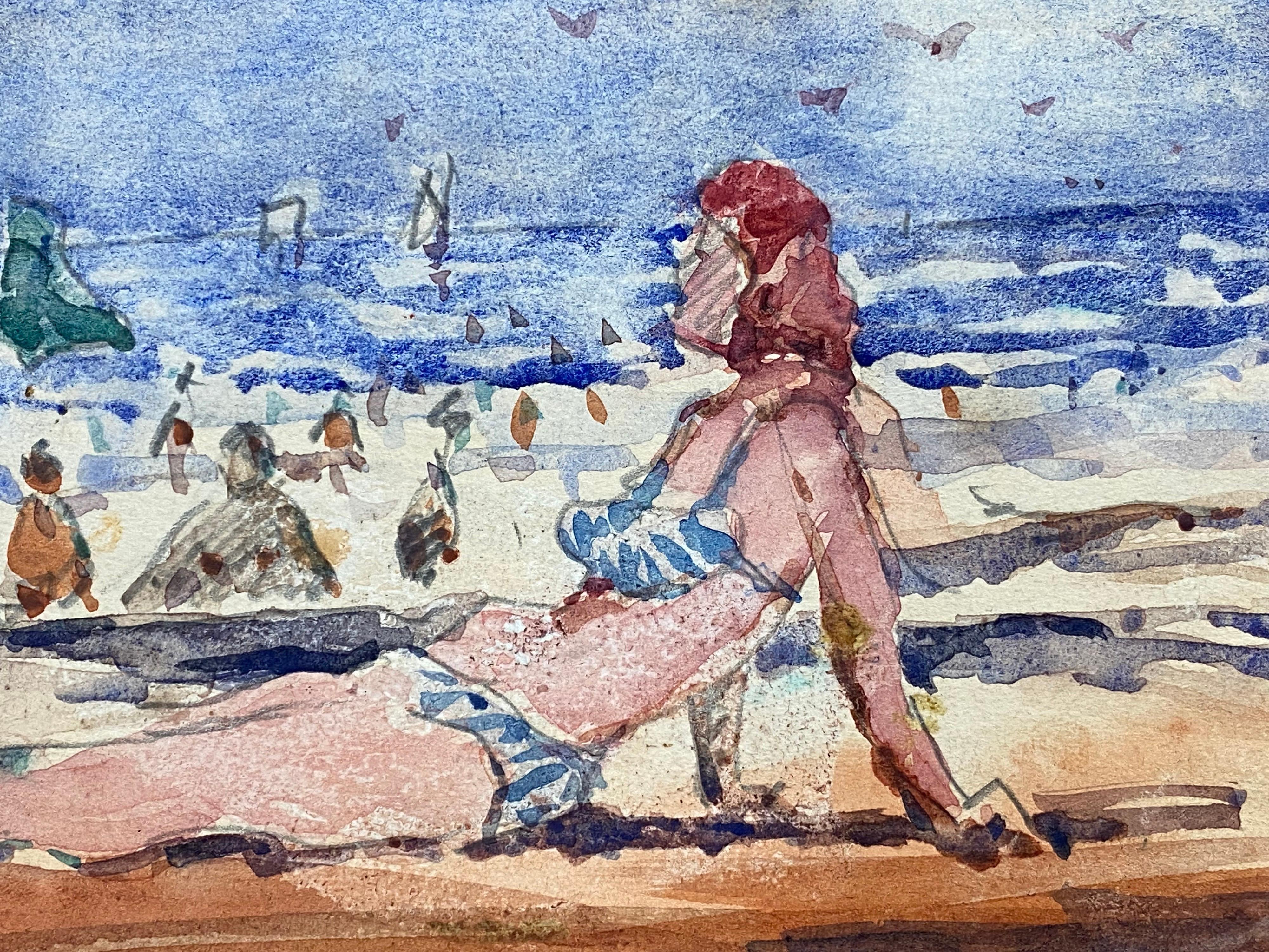 Acuarela impresionista francesa, Dama en bikini tomando el sol en venta 2