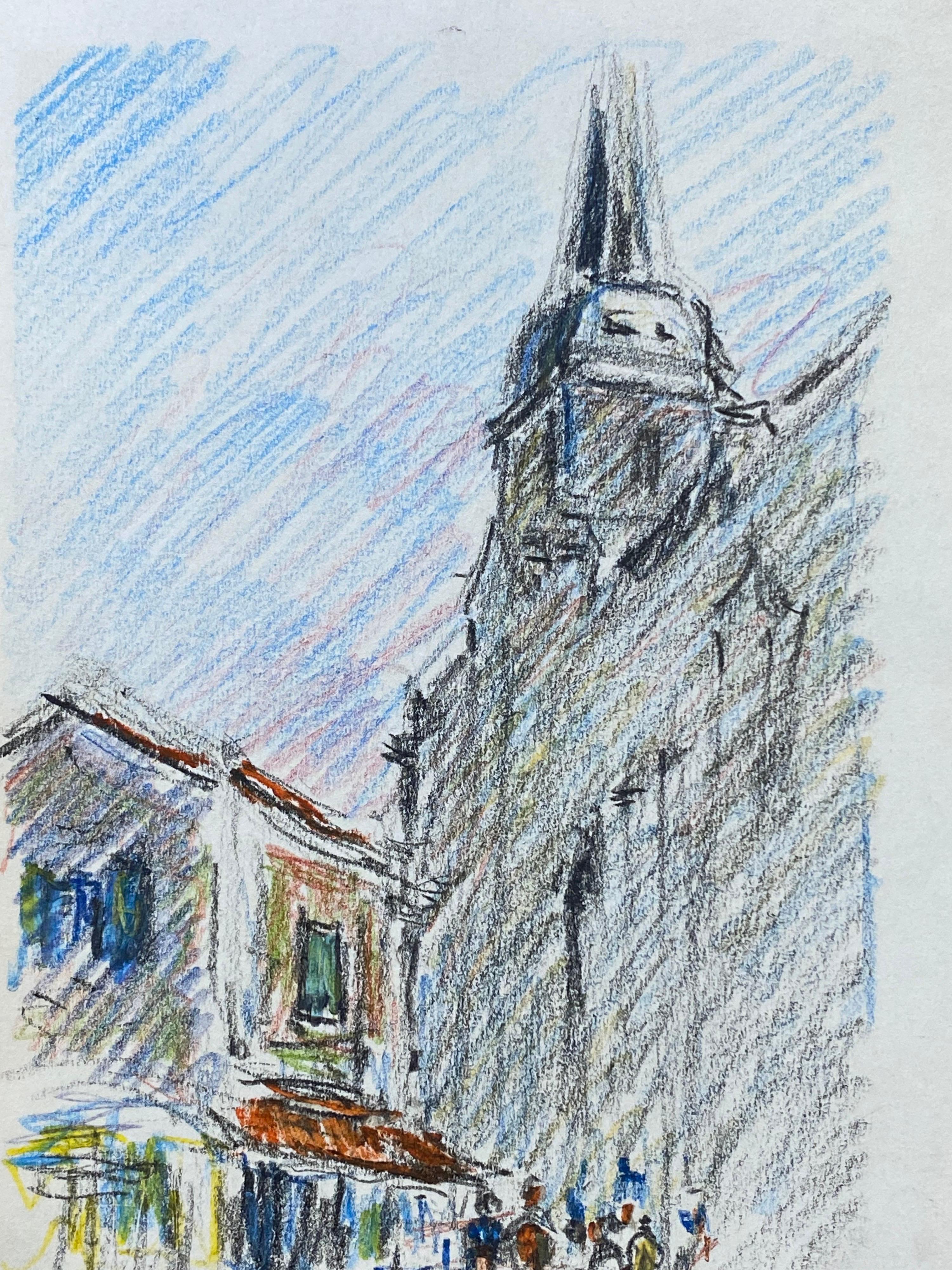 Dibujo Impresionista a Crayón de la Vieja Ciudad de Provenza, Figuras Mugiendo junto a un Café - Art de Unknown