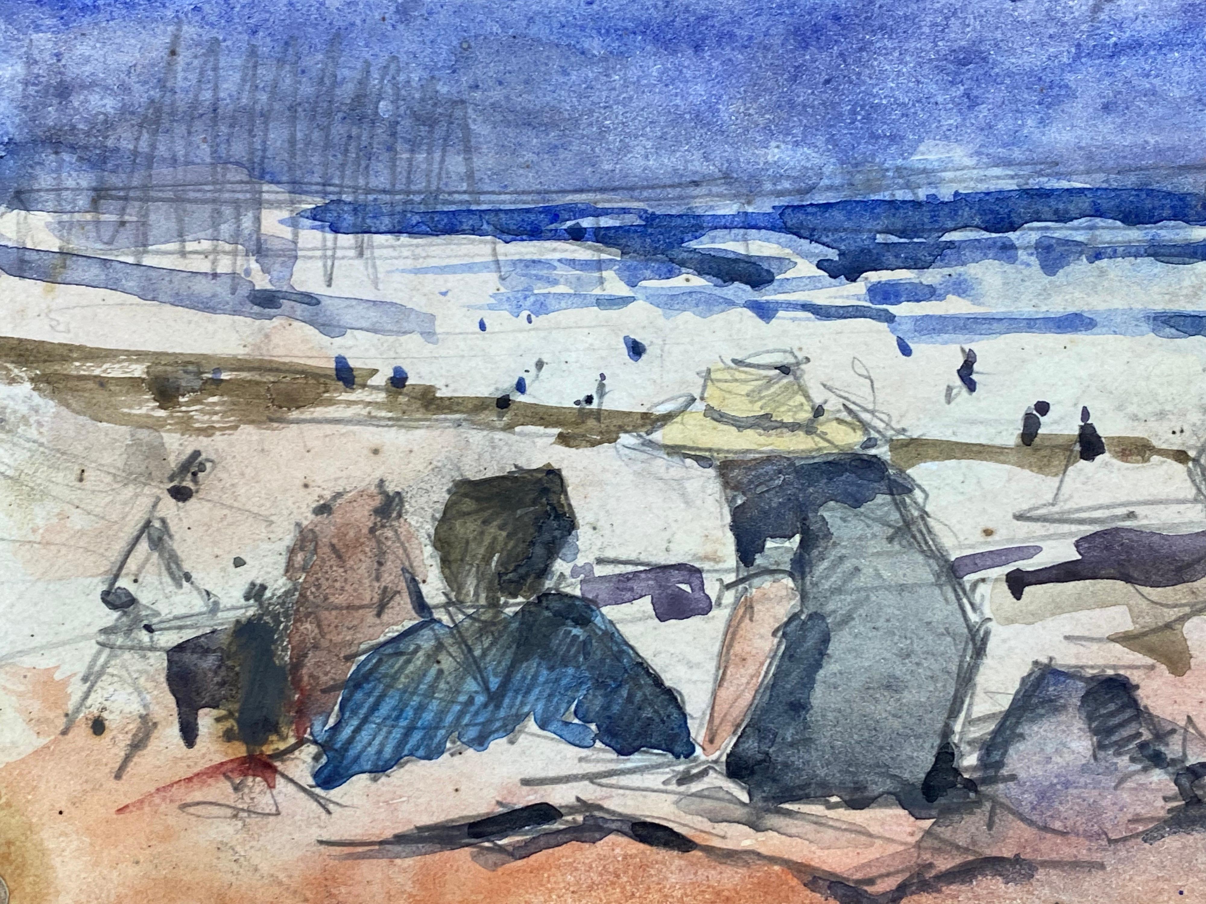 Acquerello firmato da un impressionista francese, Figure sulla spiaggia luminosa - Figurative Art Grigio di Unknown