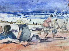 French Impressionist Signed Watercolour, Figures on Bright Beach