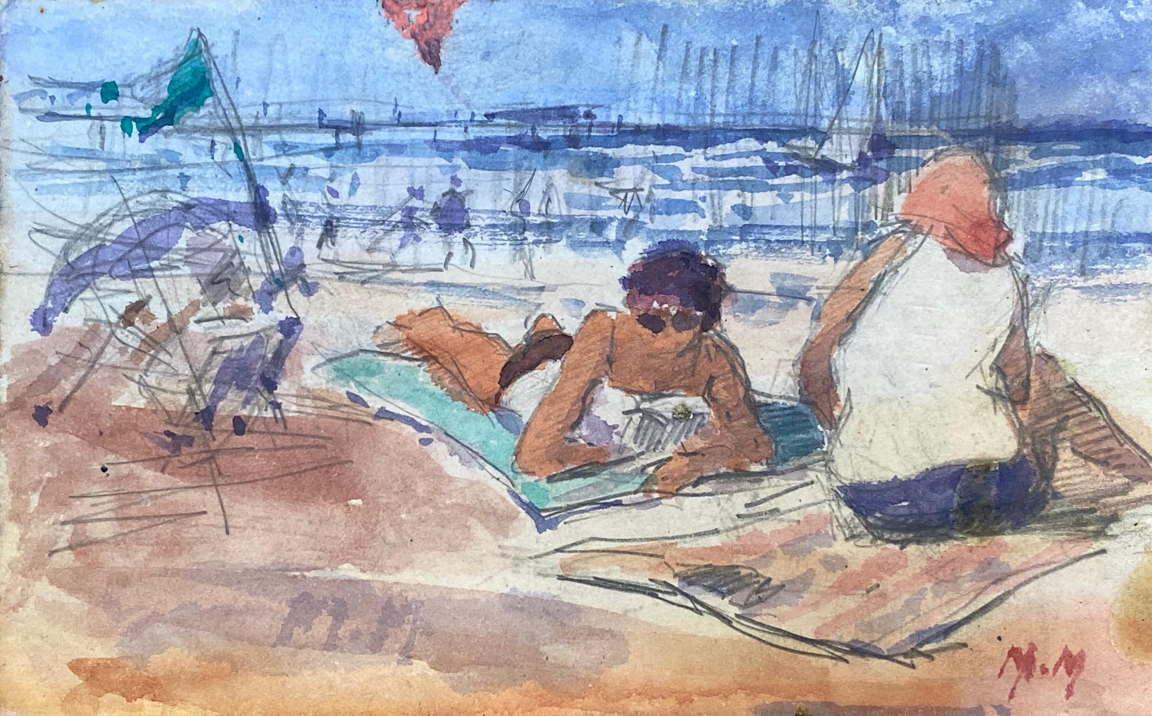 Acquerello firmato da un impressionista francese, Figure sulla spiaggia luminosa in vendita 2