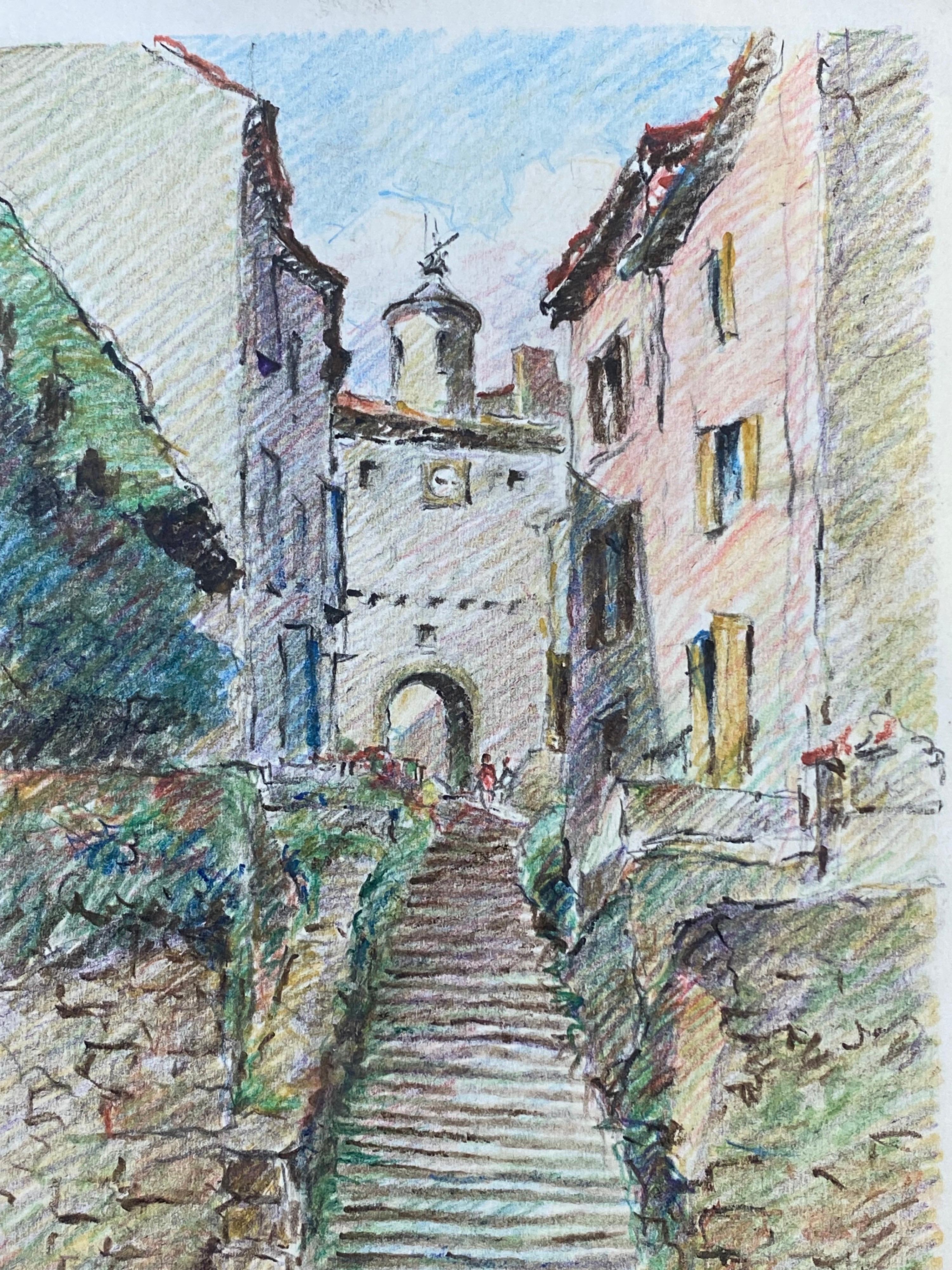 Ciudad de Provenza en lo alto de una colina Dibujo impresionista francés a lápiz de color - Landscape Art Gris de Unknown
