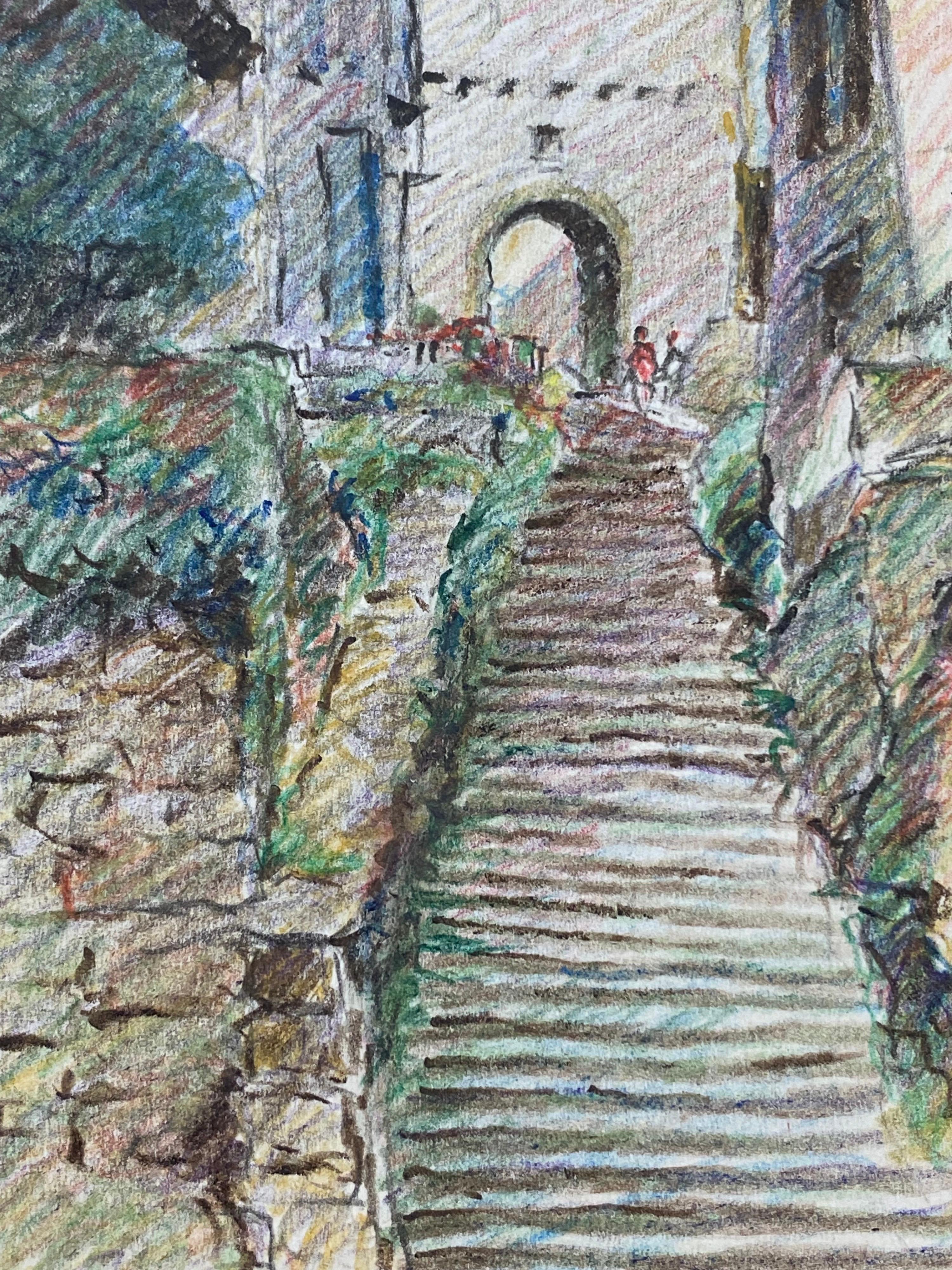 Ciudad de Provenza en lo alto de una colina Dibujo impresionista francés a lápiz de color en venta 1