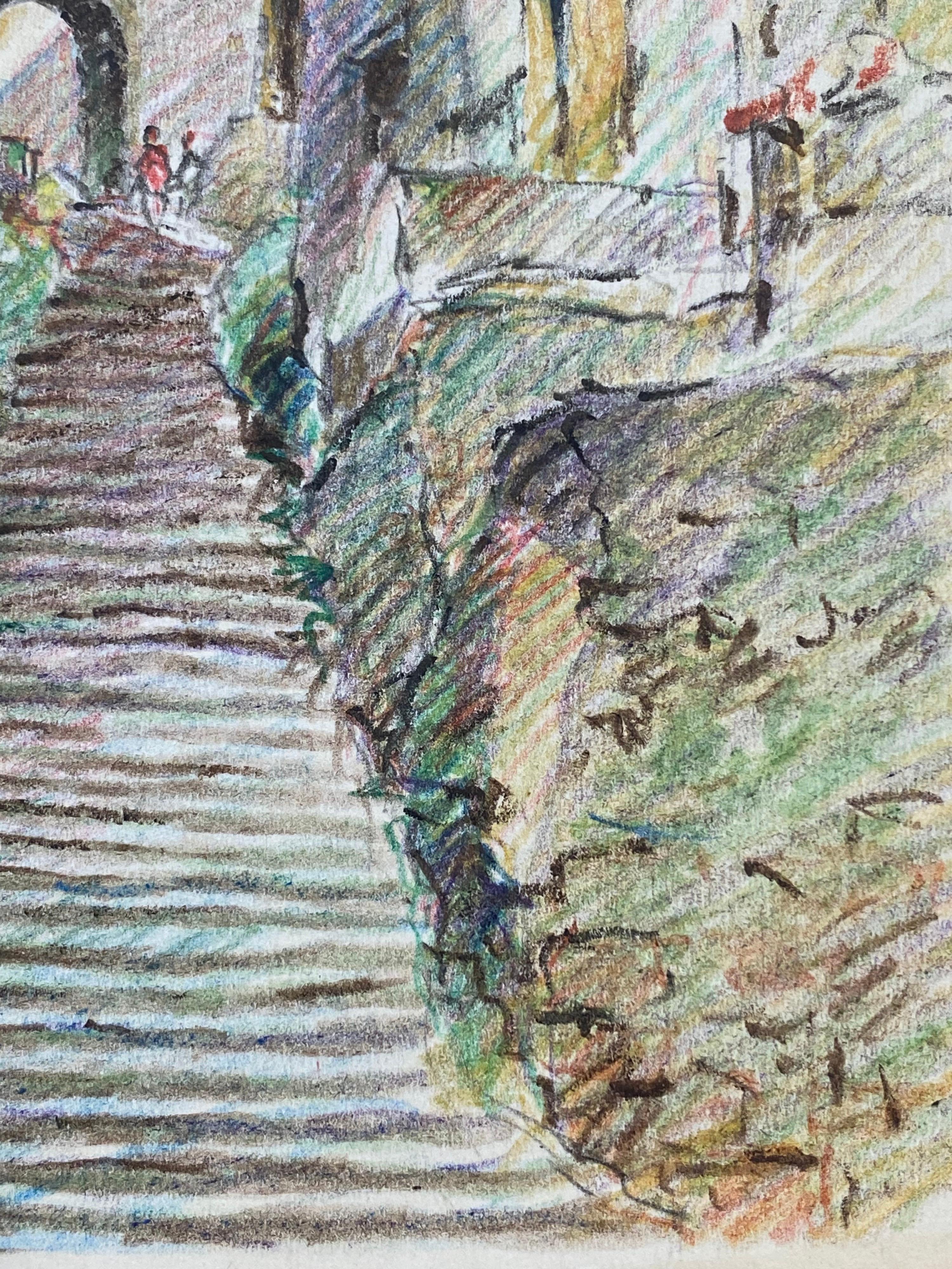 Ciudad de Provenza en lo alto de una colina Dibujo impresionista francés a lápiz de color en venta 2