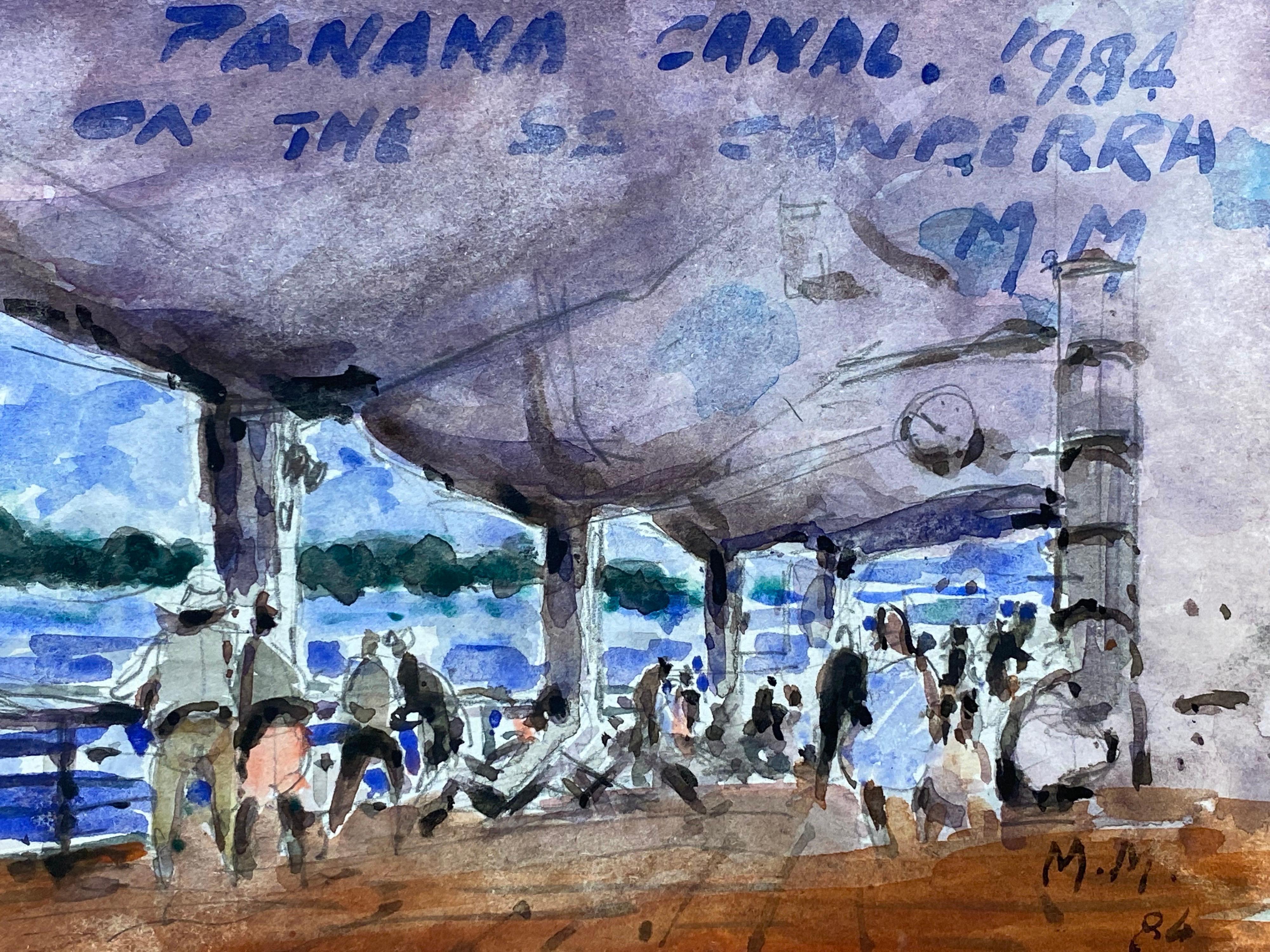 French Impressionist Signed Watercolour, Figures at a Busy Beach Bar - Art by Unknown