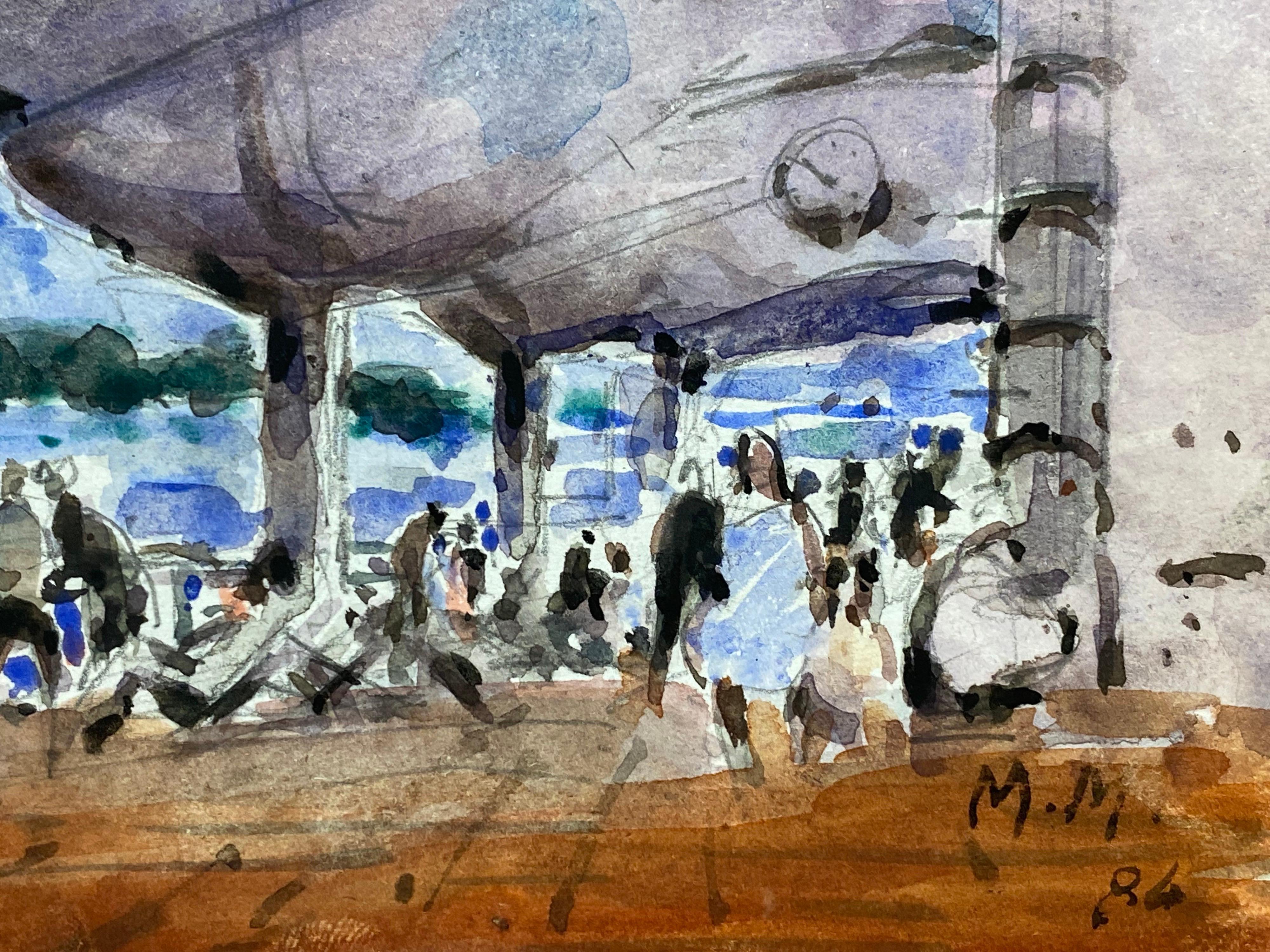 French Impressionist Signed Watercolour, Figures at a Busy Beach Bar - Gray Figurative Art by Unknown