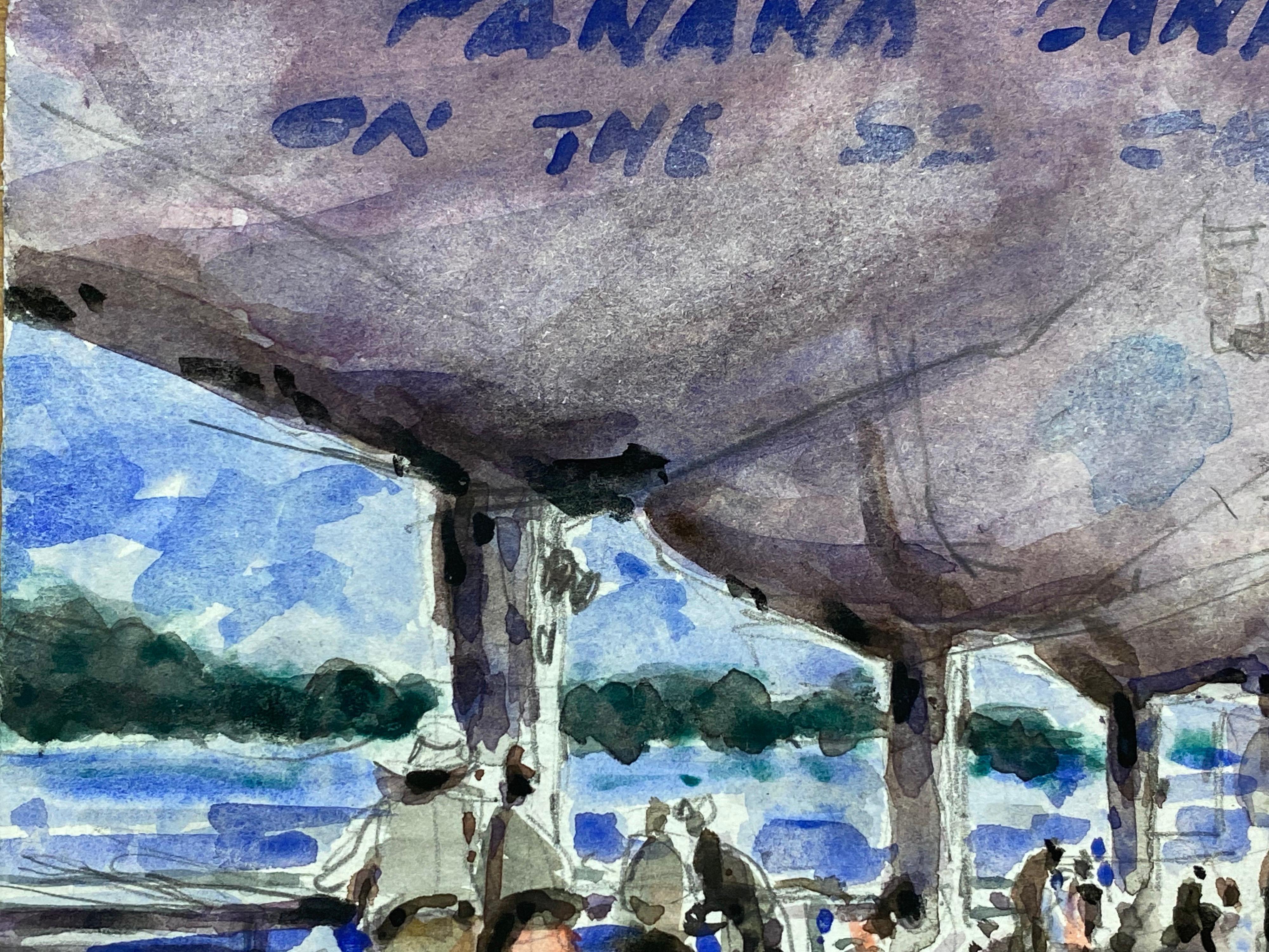 French Impressionist Signed Watercolour, Figures at a Busy Beach Bar For Sale 1