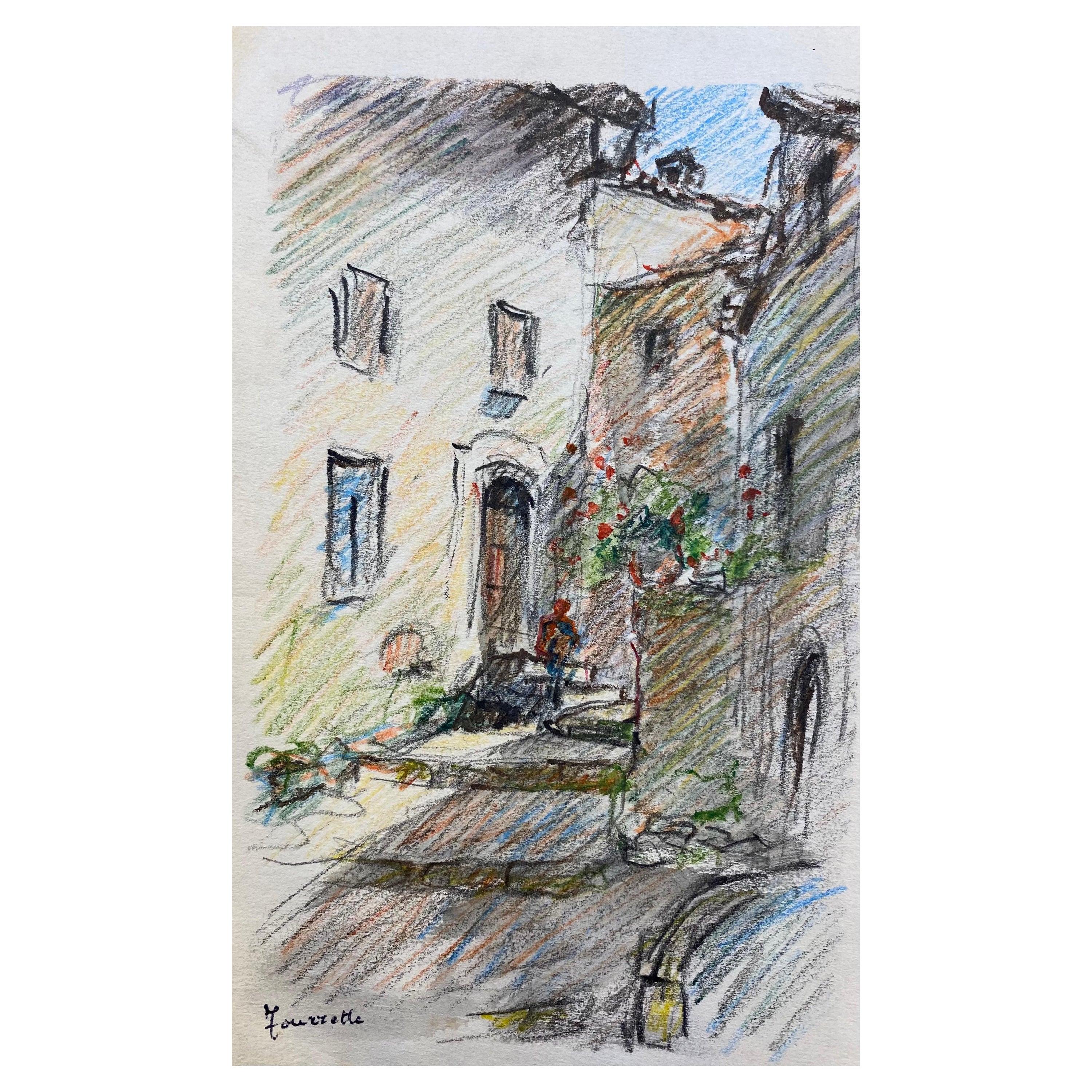 Landscape Art de Unknown - Tourettes Provenza Francés Firmado Dibujo Impresionista a Crayón, El Pueblo Viejo