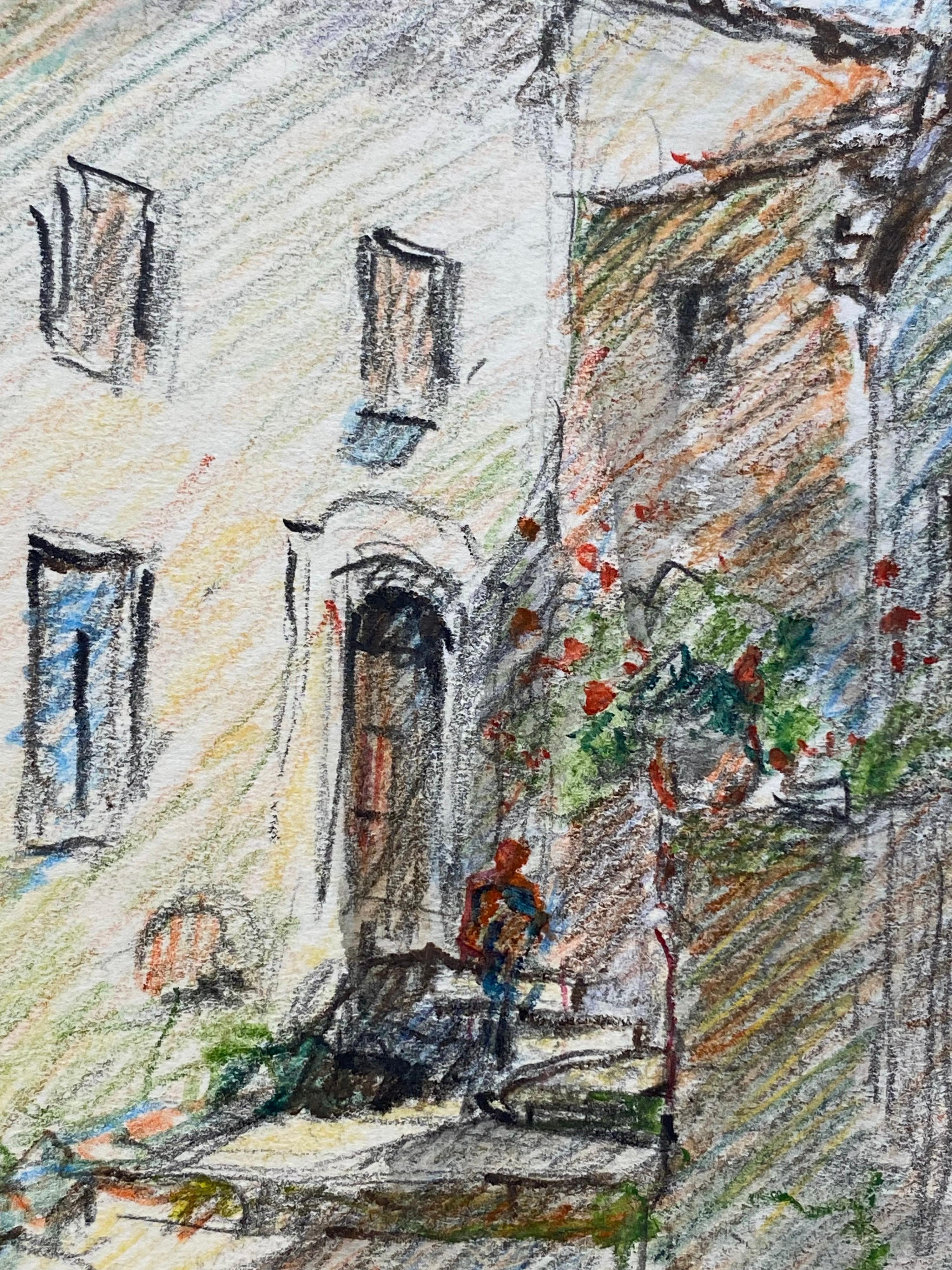 Tourettes Provenza Francés Firmado Dibujo Impresionista a Crayón, El Pueblo Viejo - Art de Unknown