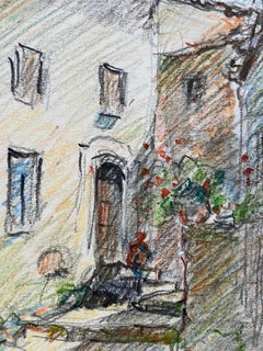 Tourettes Provence French Signed Impressionist Crayon Drawing, The Old Village