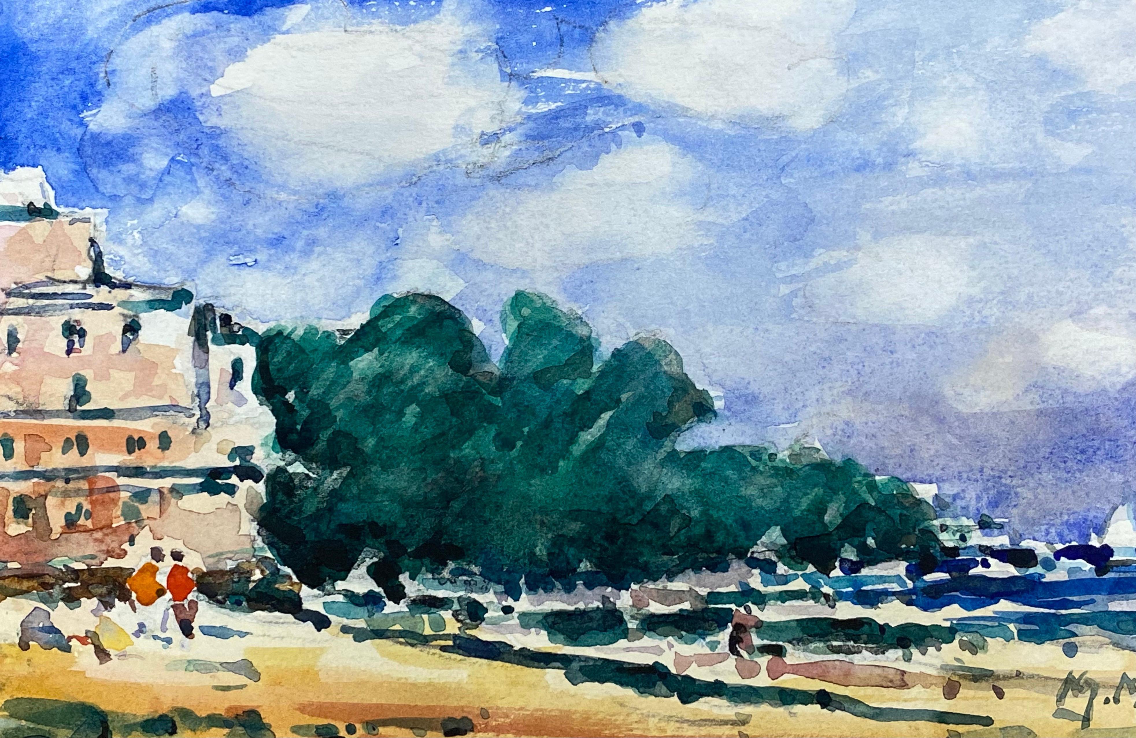 French Impressionist Watercolour, Bright Blue Summers Day Over Beach - Art by Unknown