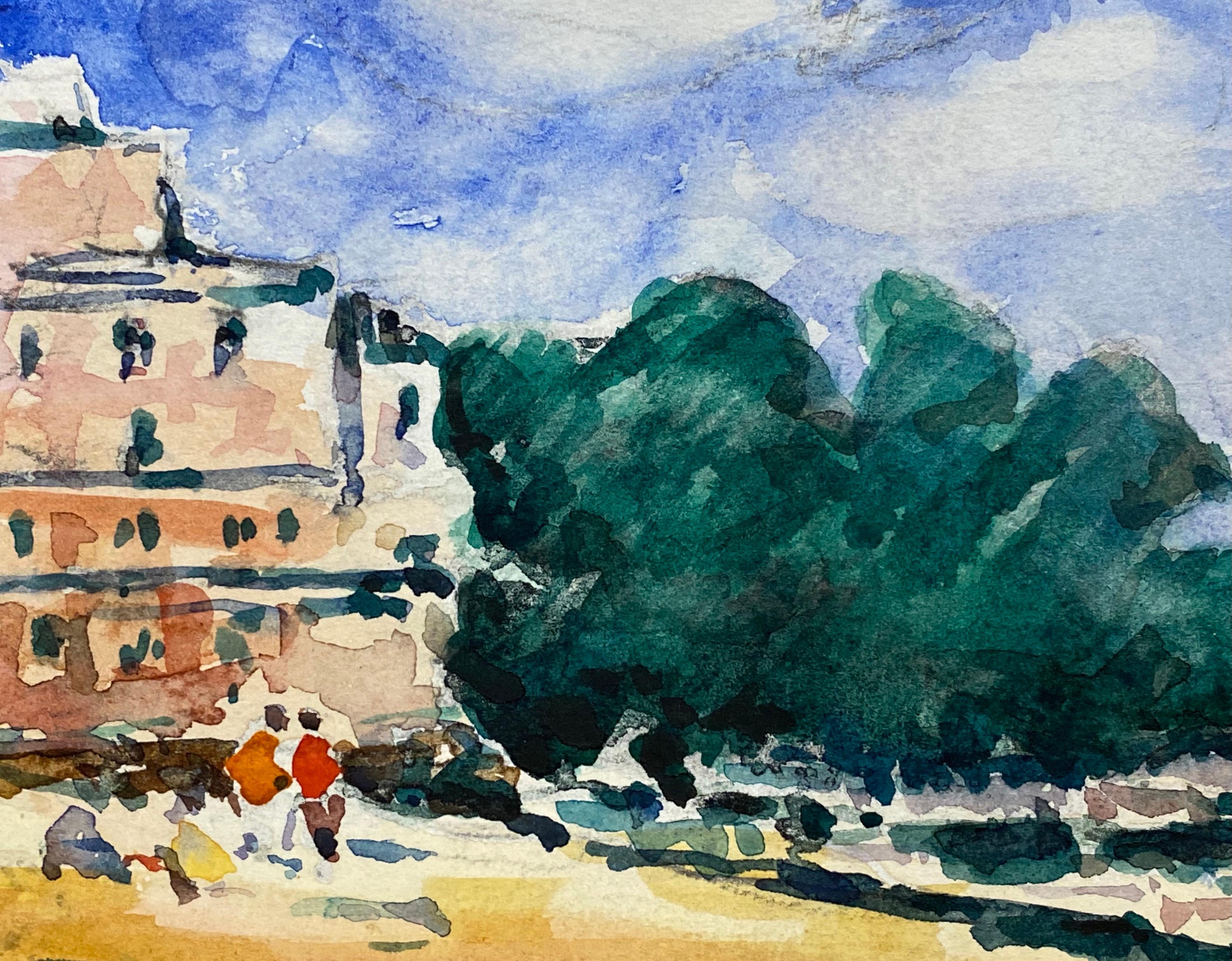 French Impressionist Watercolour, Bright Blue Summers Day Over Beach - Gray Landscape Art by Unknown