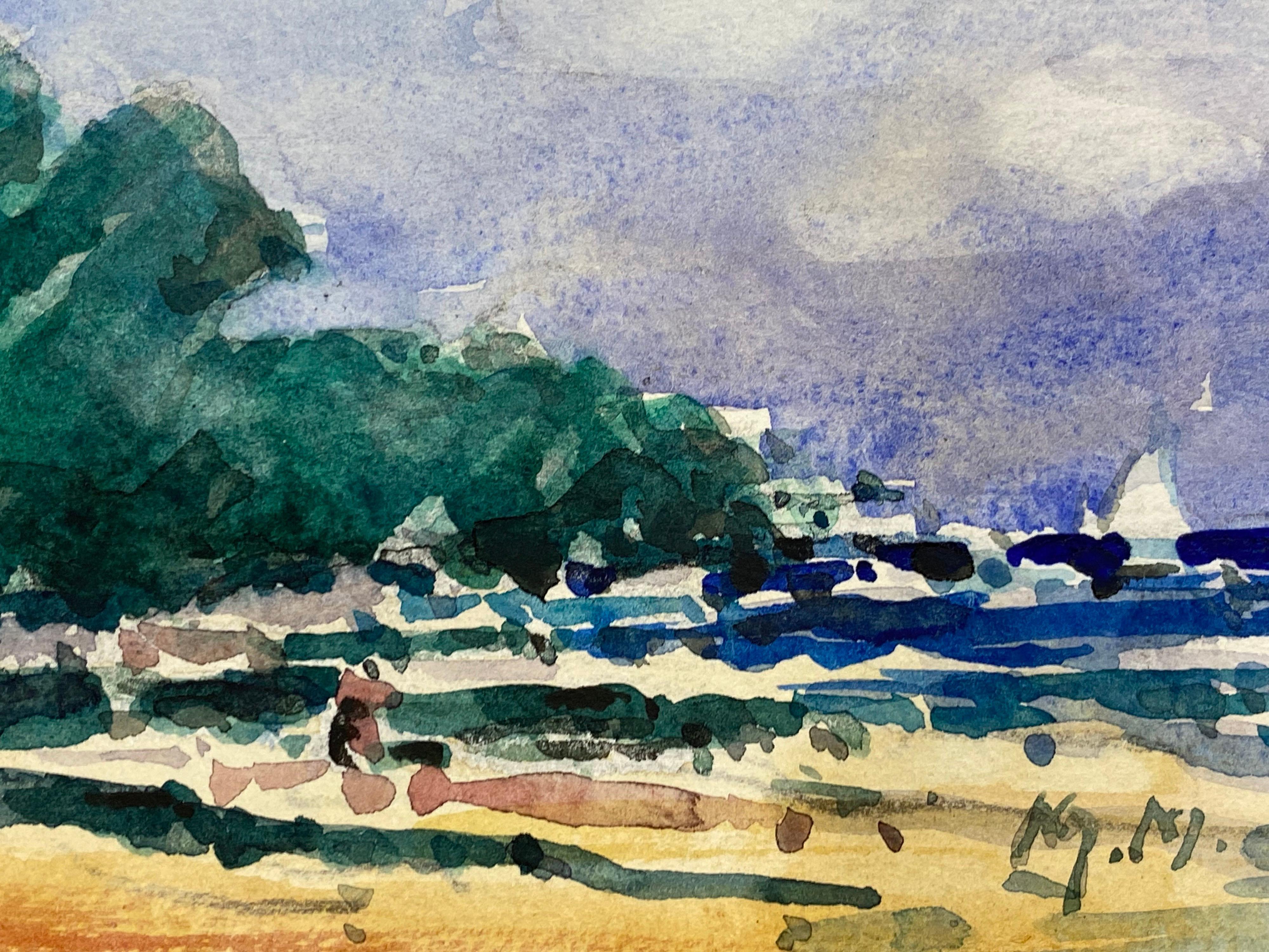 French Impressionist Watercolour, Bright Blue Summers Day Over Beach For Sale 1