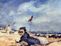 French Impressionist Signed Watercolour, Sun Bathers Landscape